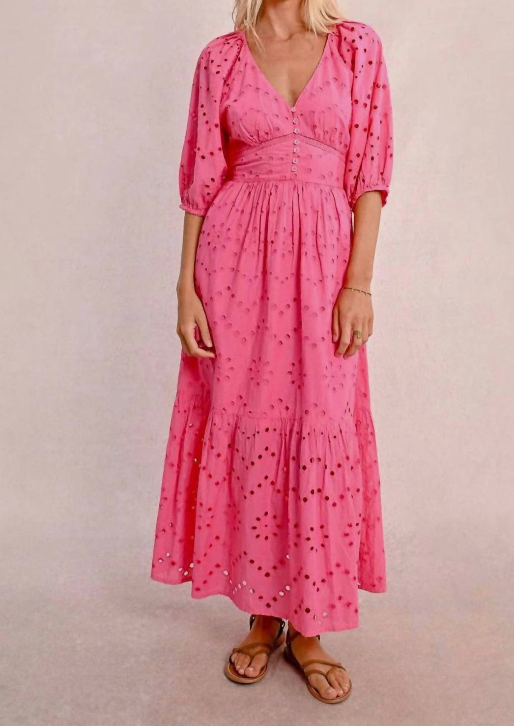 hot pink eyelet dress LONG OPENWORK EMBROIDERY / L daily wear Color:Lilac/Pink/Blue Print* Features: Illusion Knee-length jersey dress with