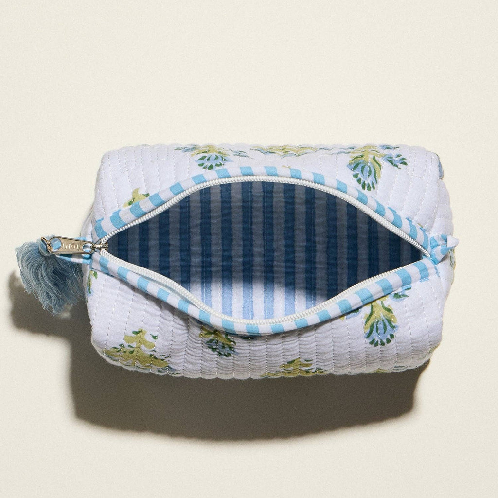Light Blue Quilted Floral Cosmetic Pouch