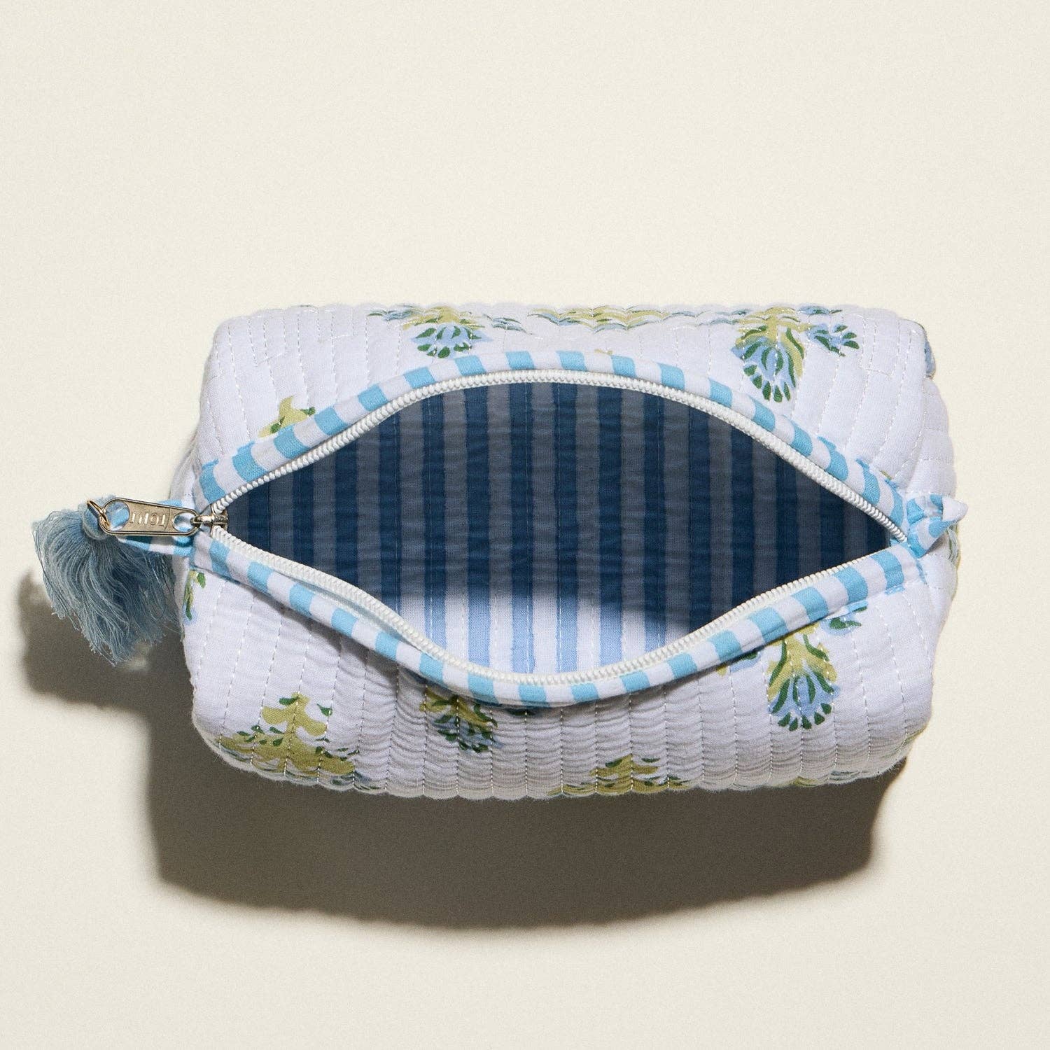 Light Blue Quilted Floral Cosmetic Pouch