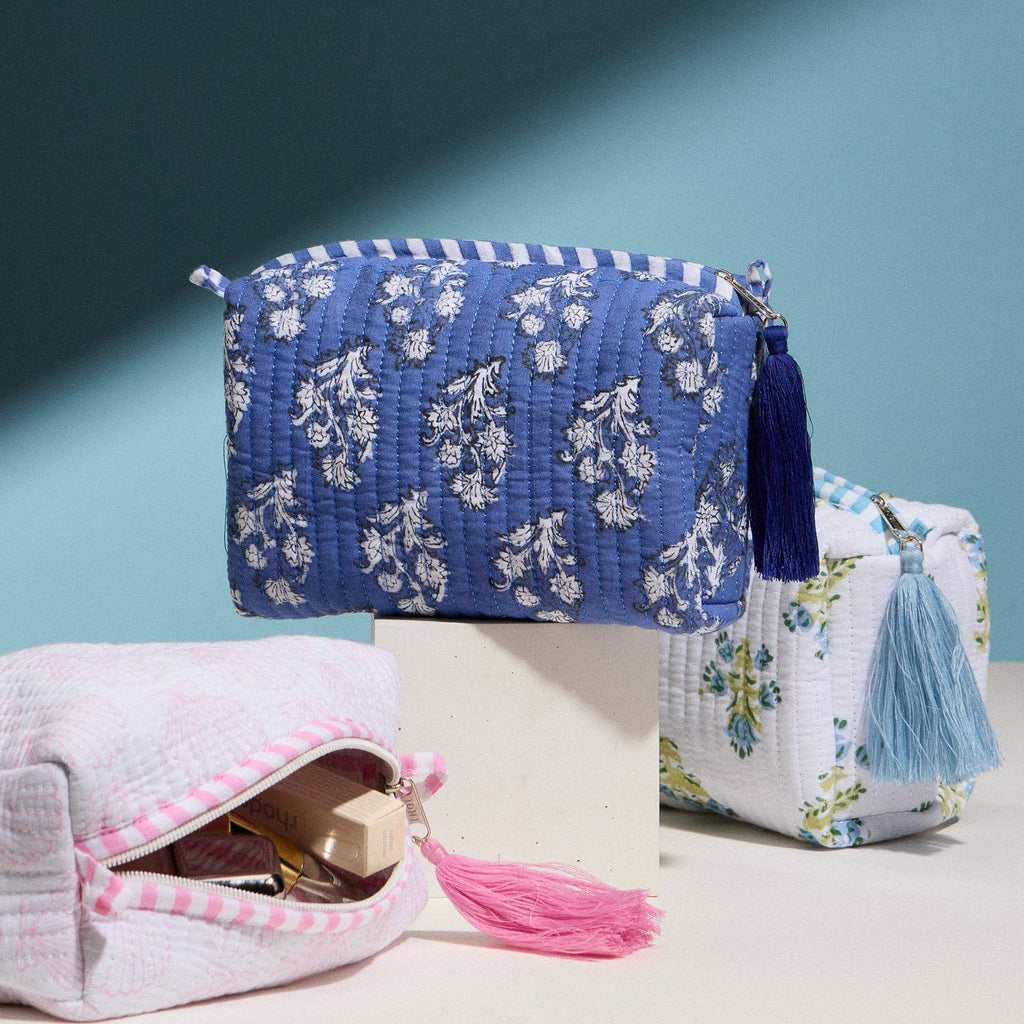 Blue Quilted Floral Cosmetic Pouch