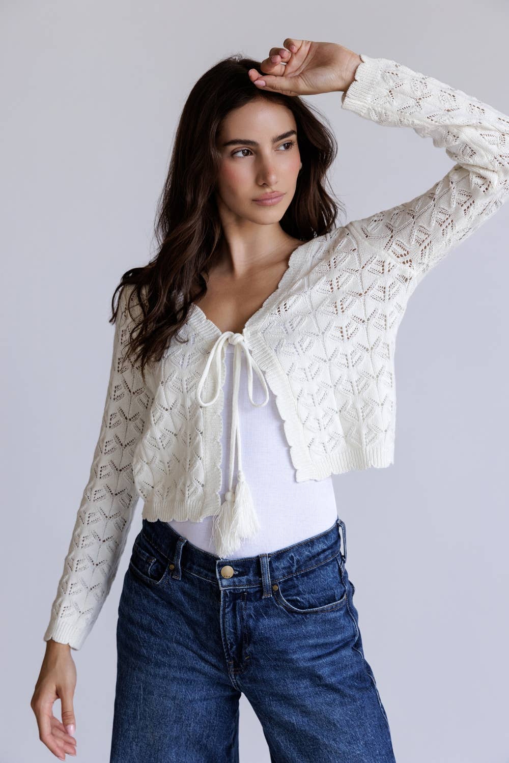 Open Knit Tassel Tie Knit Cardigan