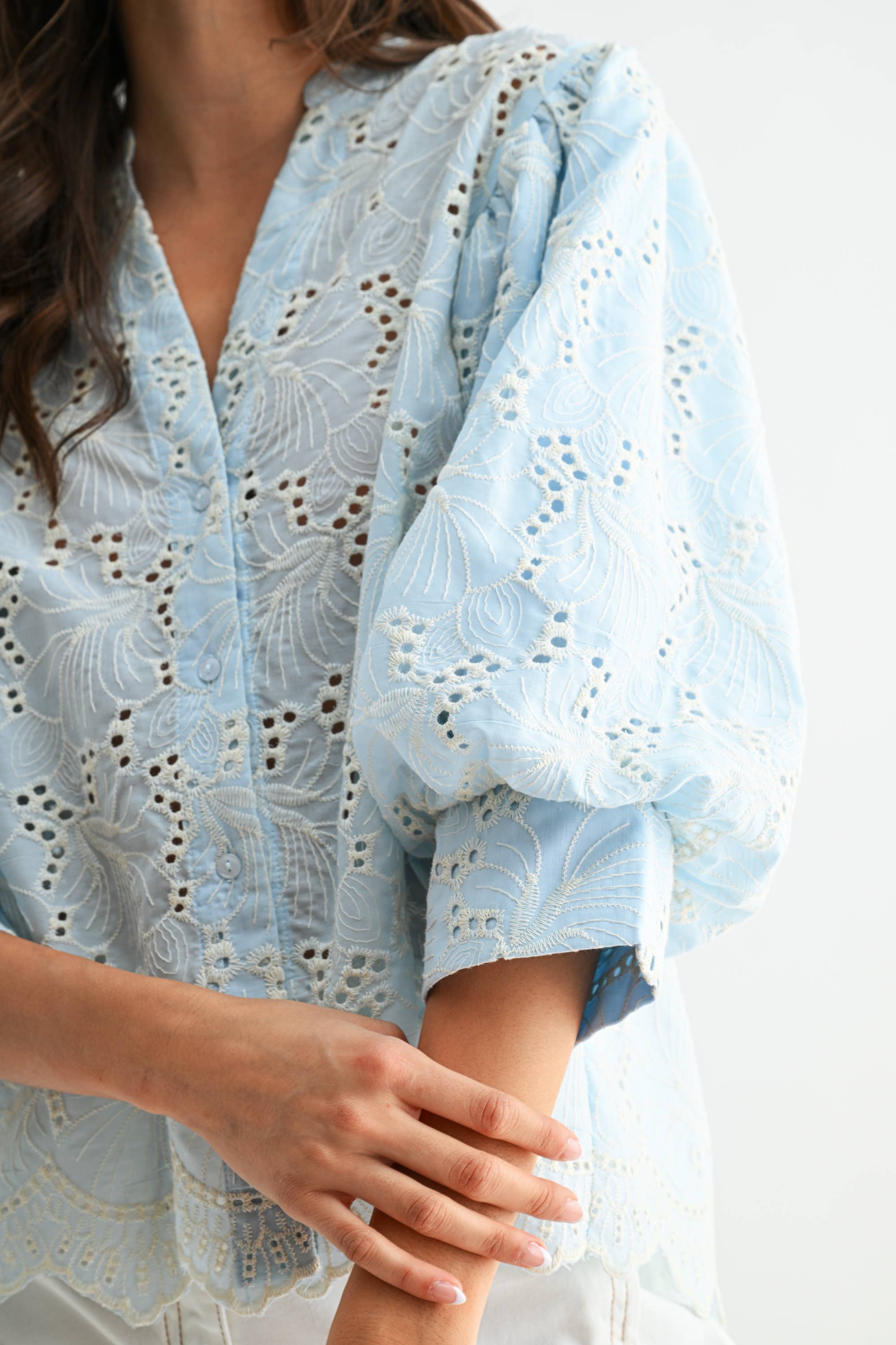 Embroidered Cotton Eyelet Puff Sleeve Blouse