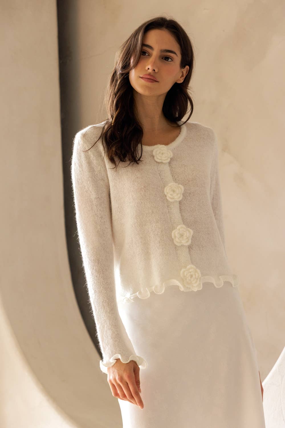 Floral Ruffle Trim Knit Cardigan