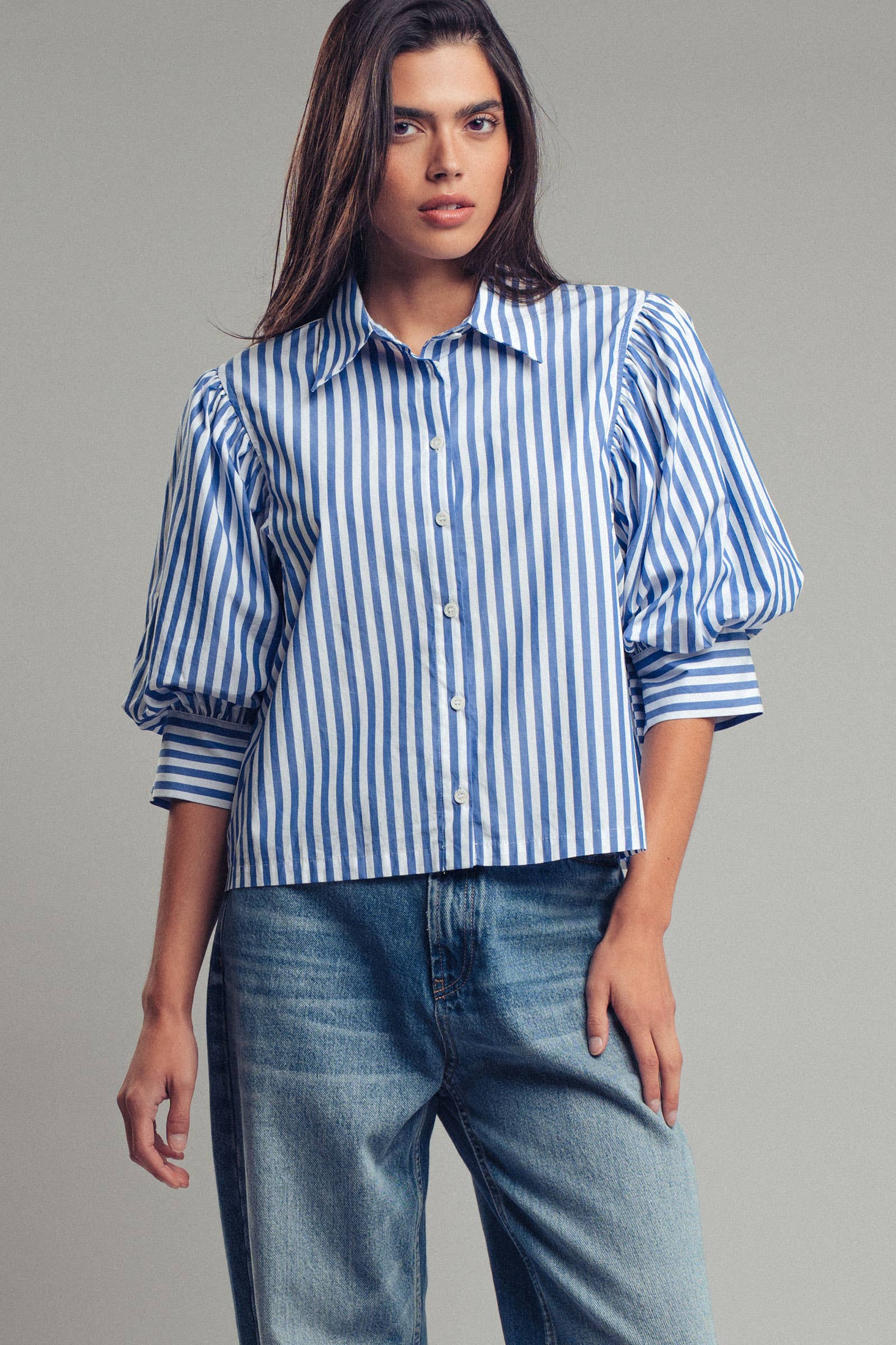 Drop Waist Blouse in Blue and Navy