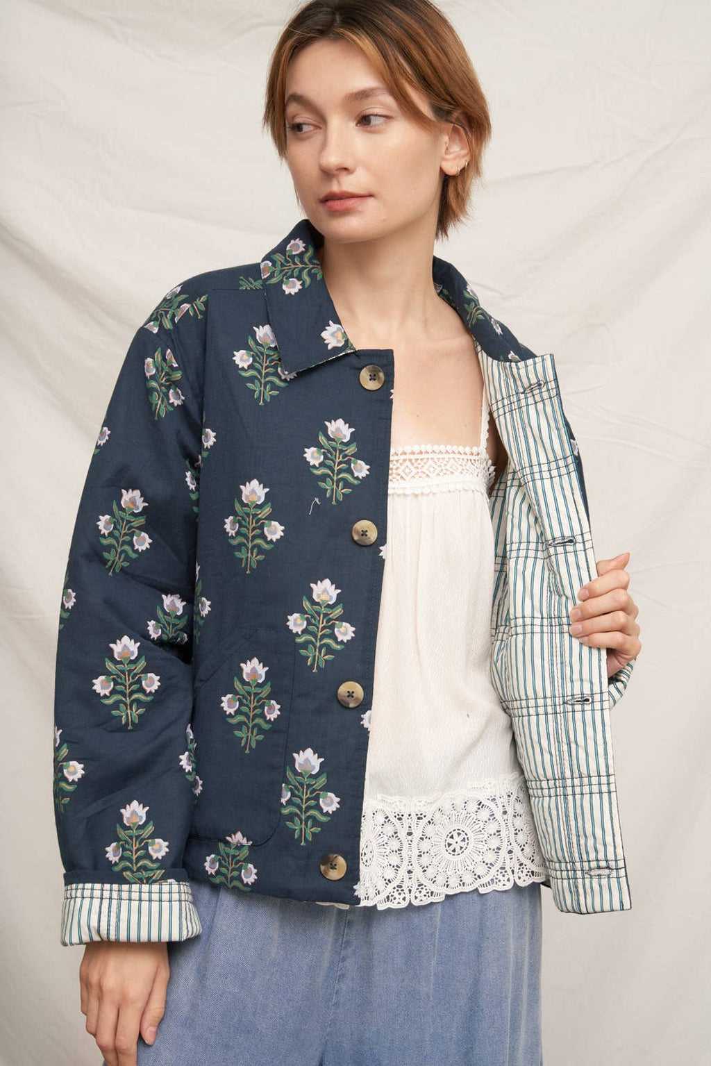 Reversible Quilted Flower Striped Jacket