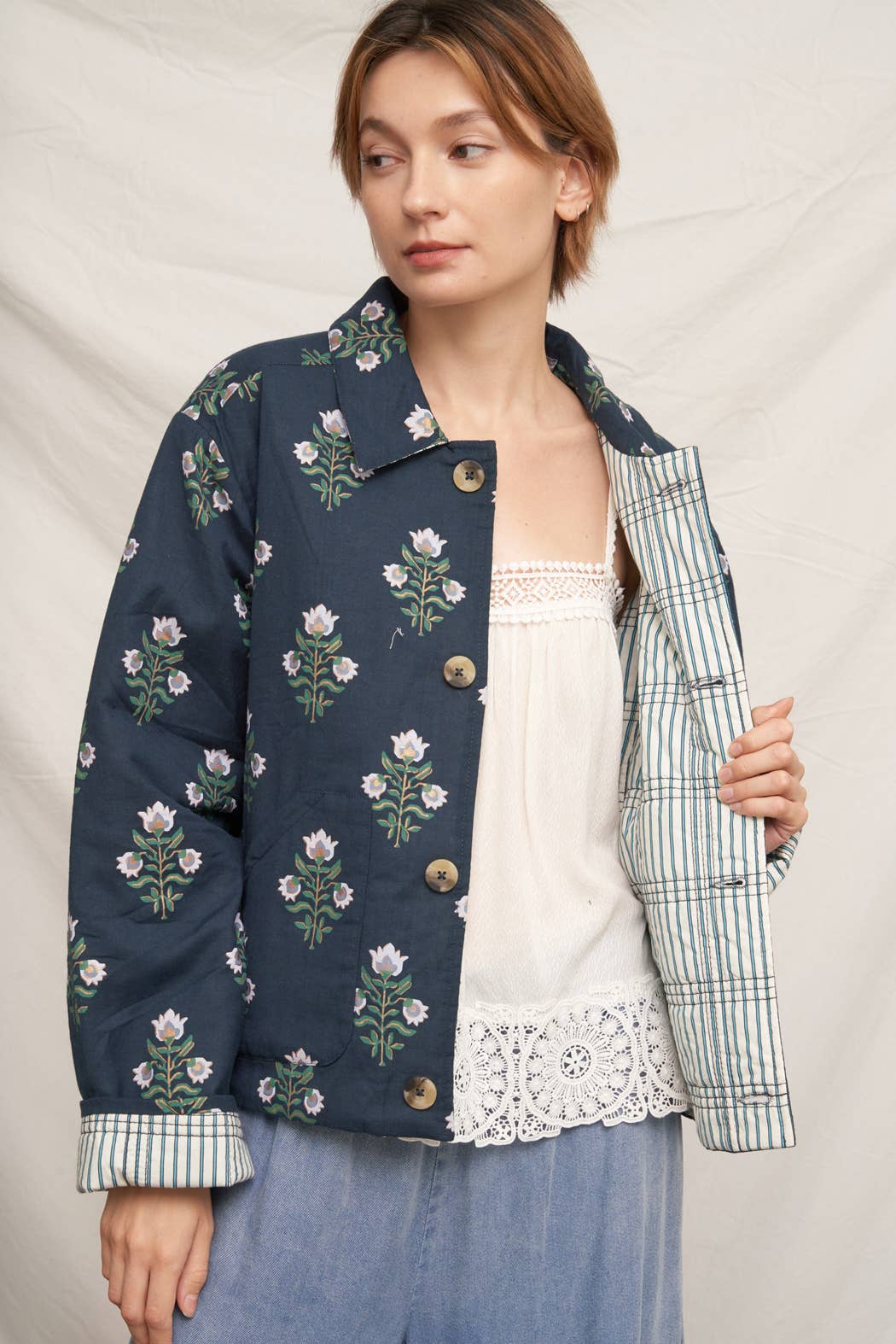 Reversible Quilted Flower Striped Jacket