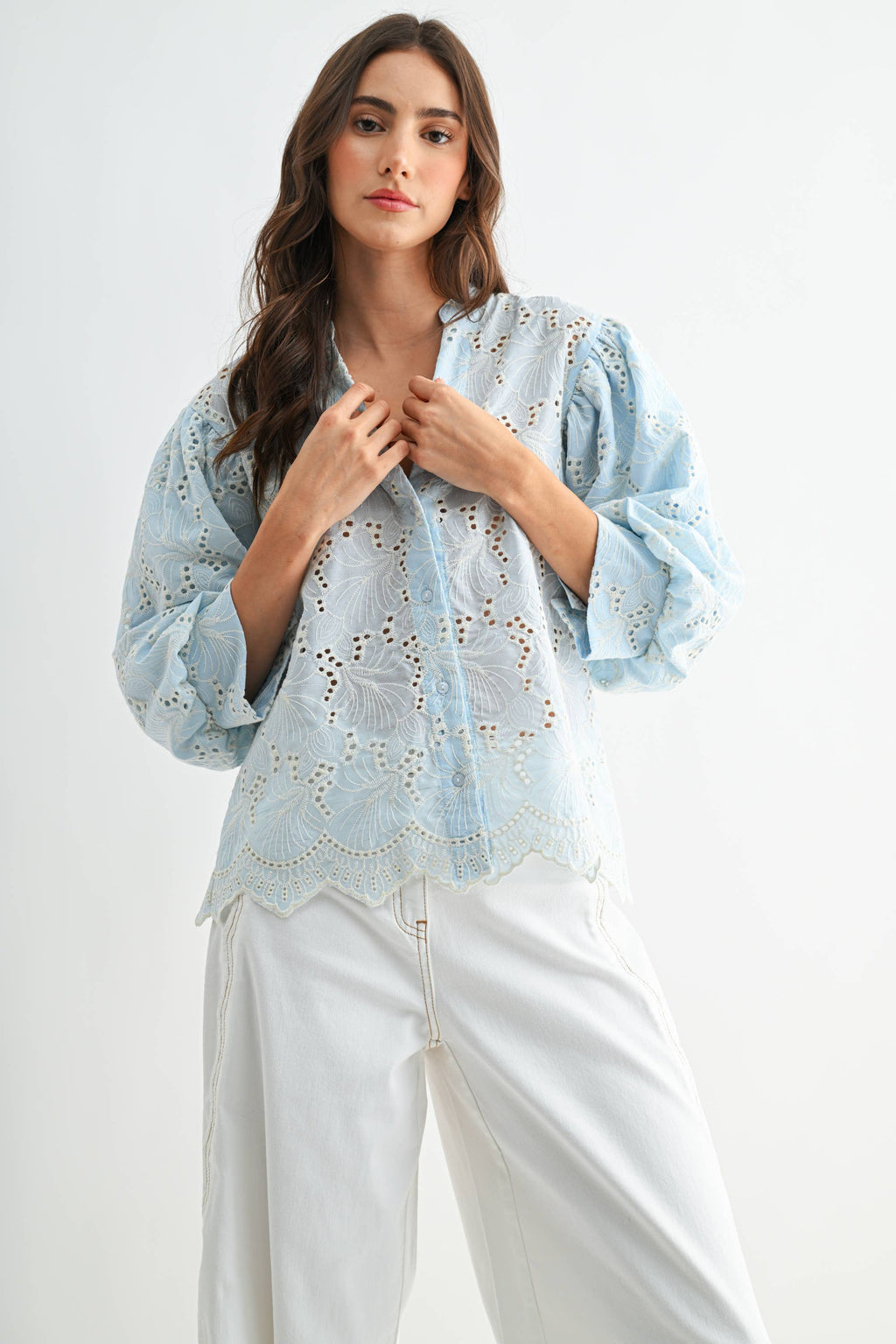 Embroidered Cotton Eyelet Puff Sleeve Blouse