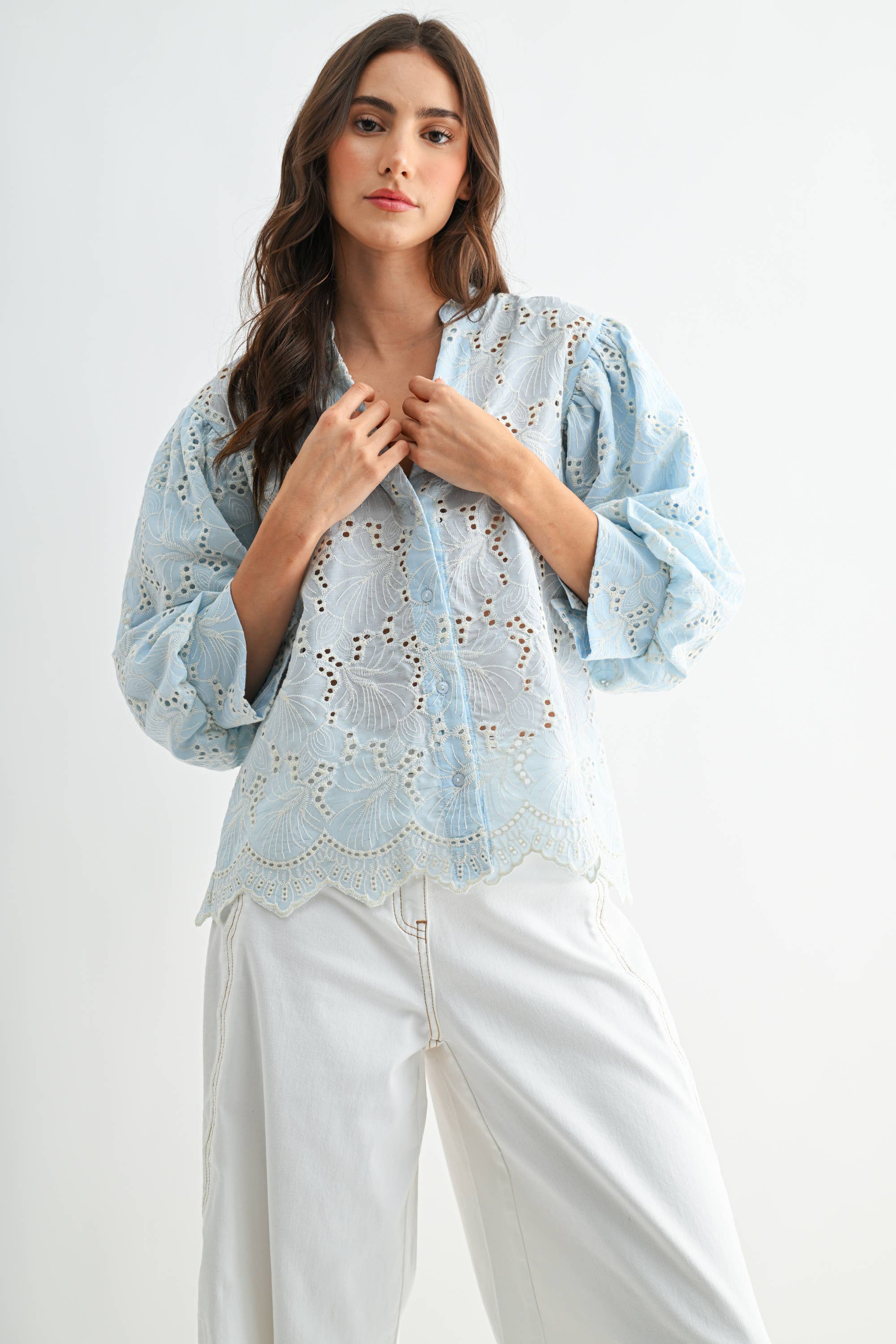 Embroidered Cotton Eyelet Puff Sleeve Blouse
