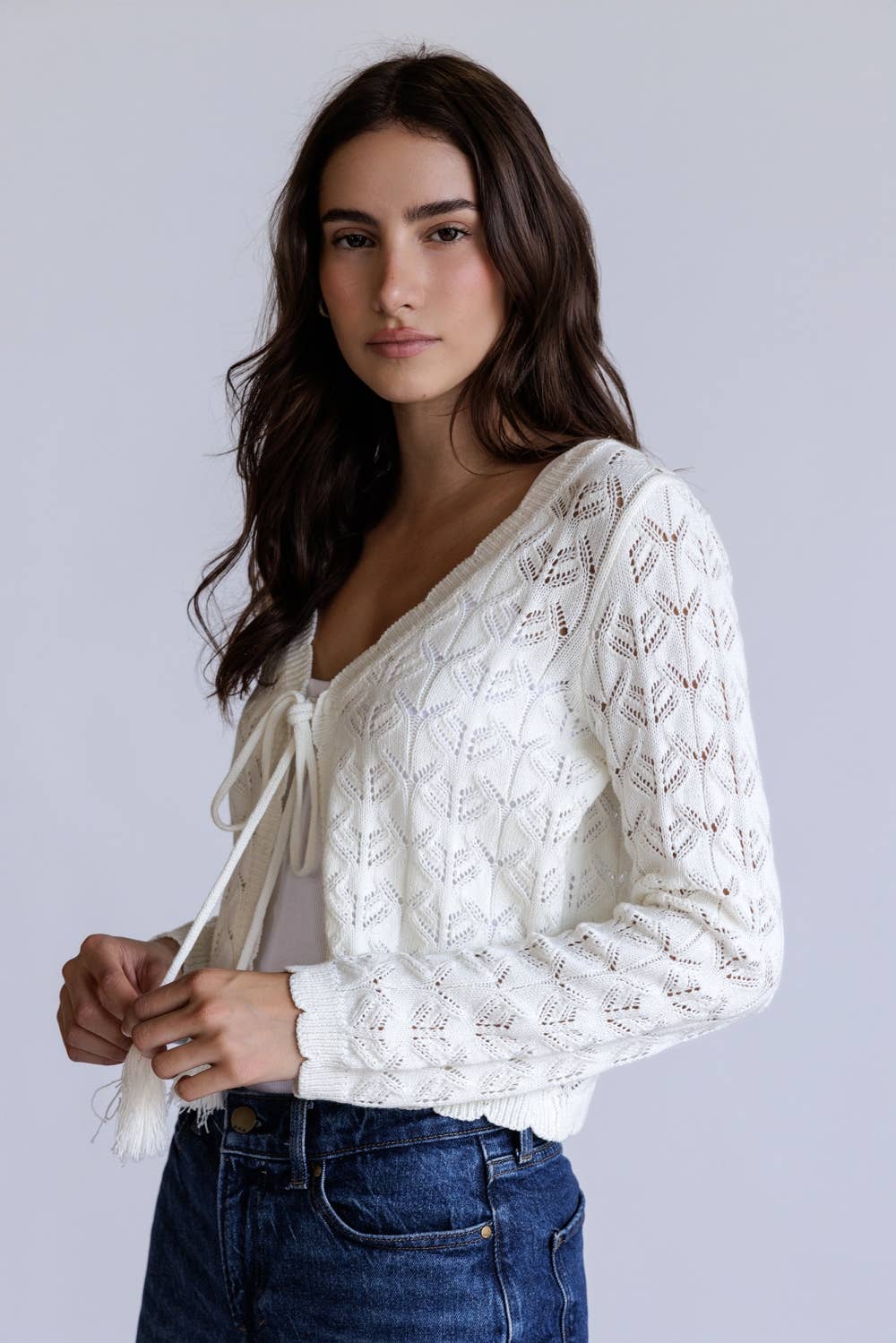 Open Knit Tassel Tie Knit Cardigan