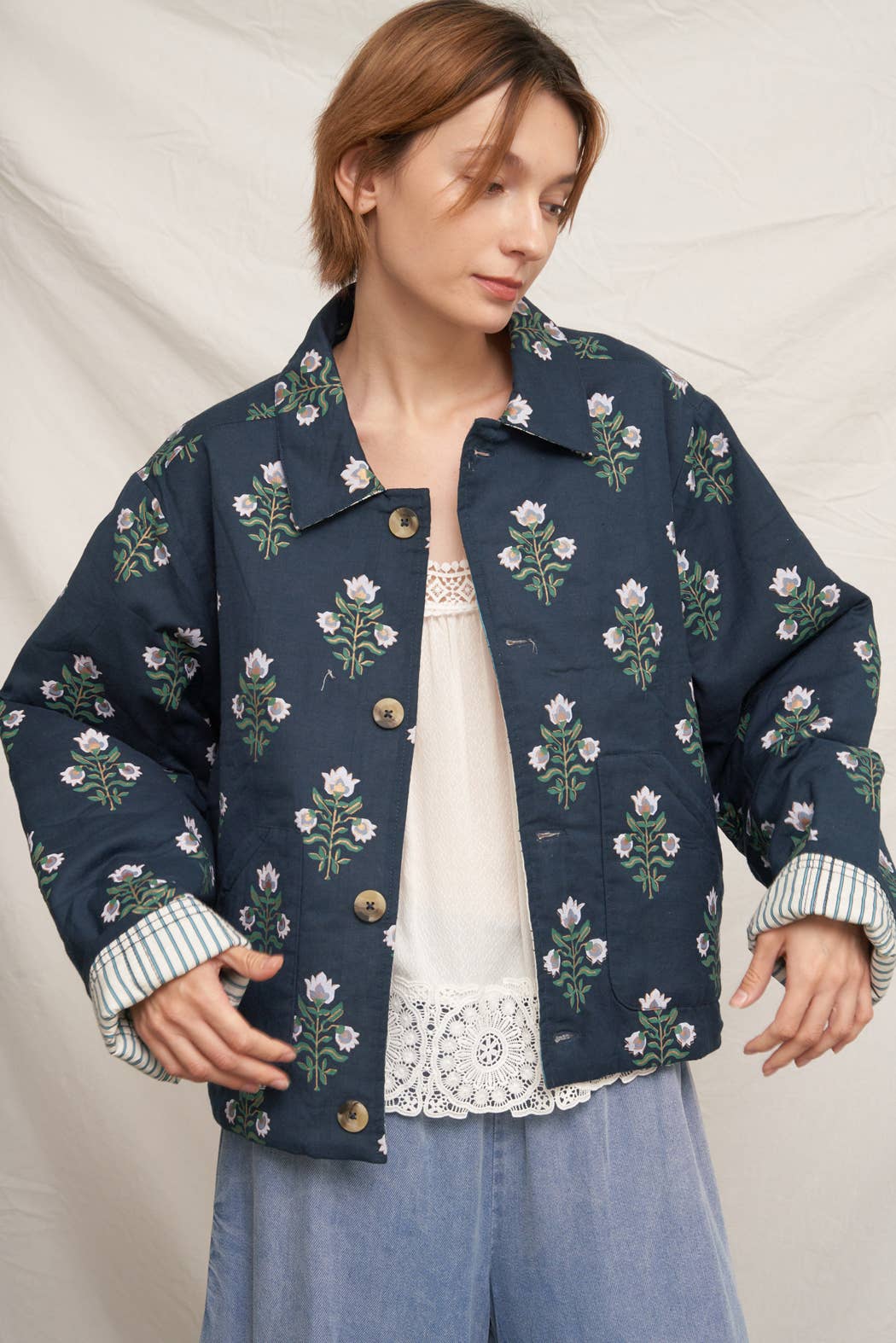 Reversible Quilted Flower Striped Jacket