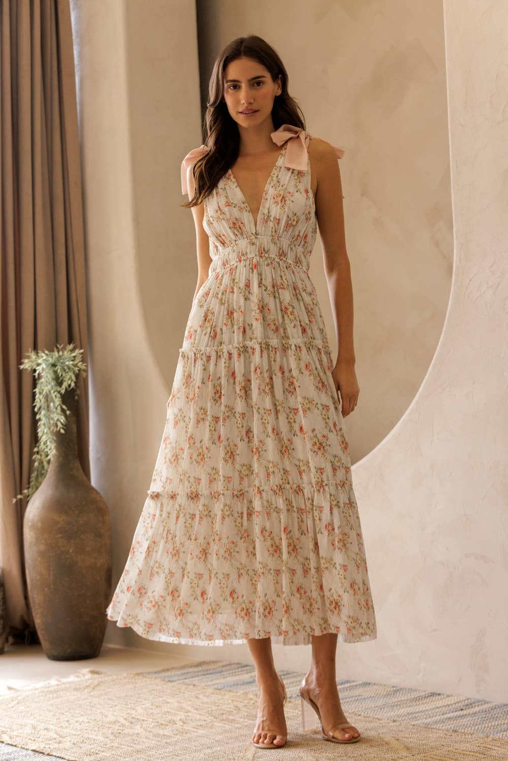 Floral Shoulder Tie Strap Midi Dress