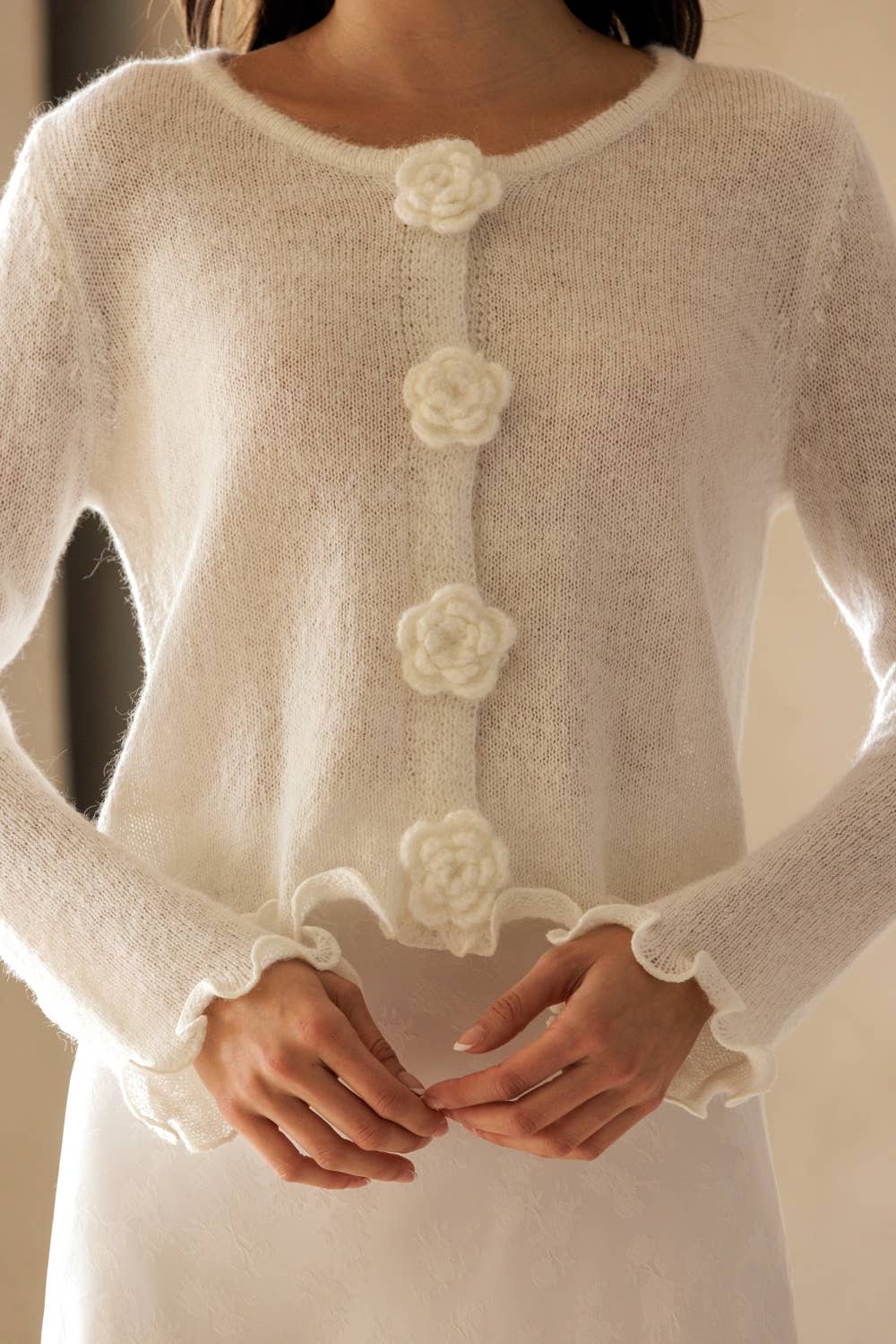 Floral Ruffle Trim Knit Cardigan