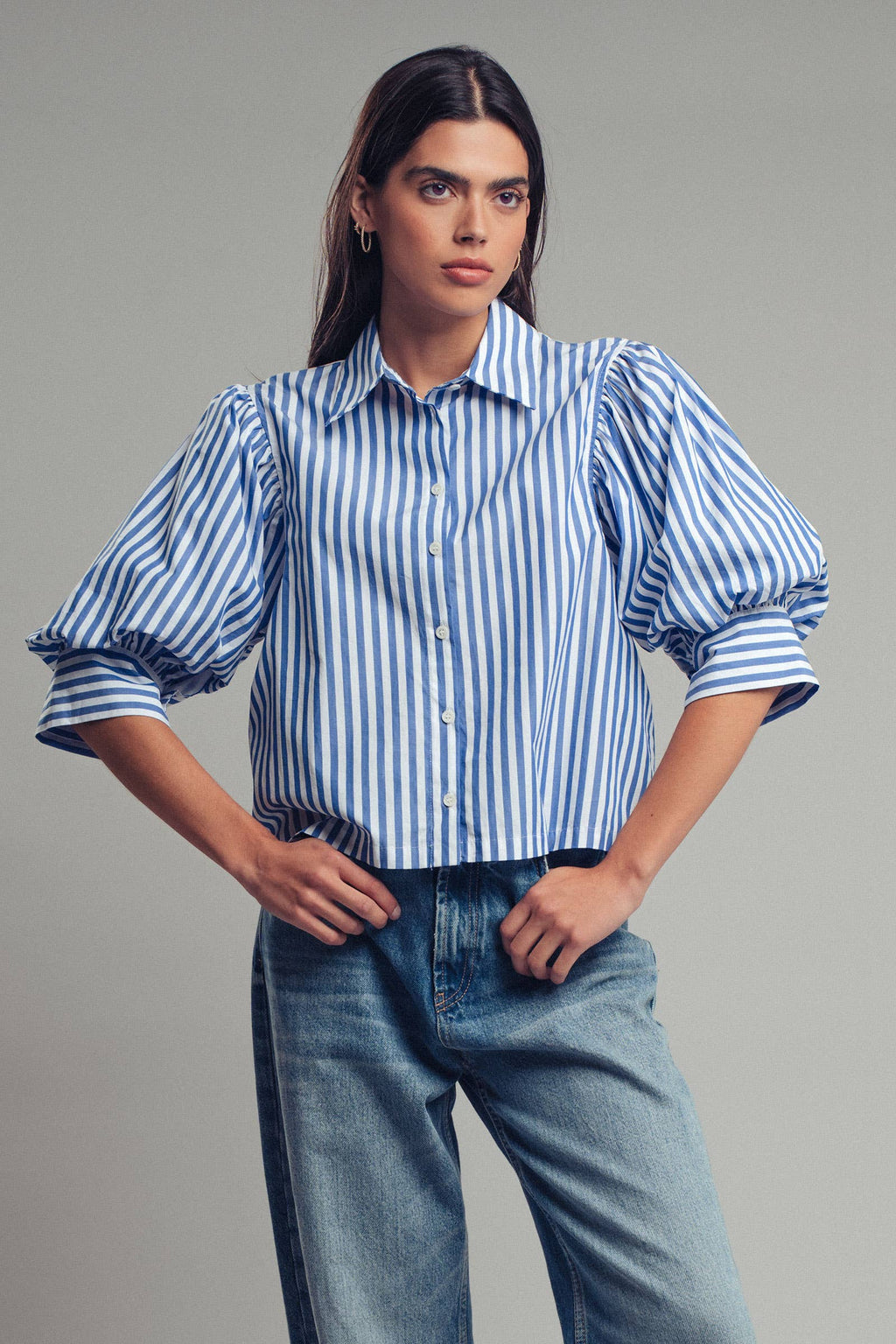 Drop Waist Blouse in Blue and Navy