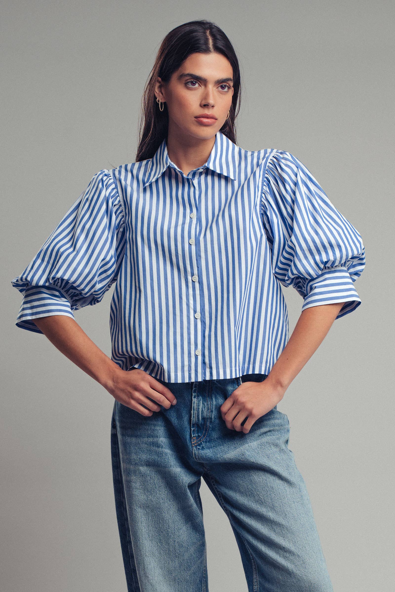 Drop Waist Blouse in Blue and Navy