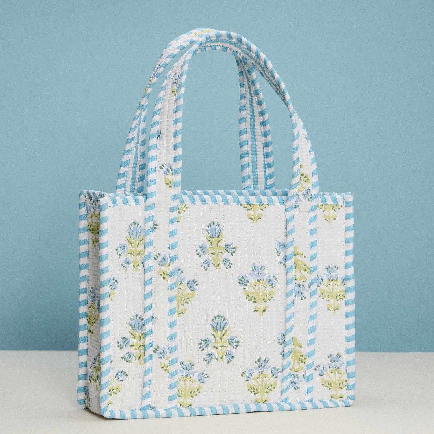 Blue Floral Quilted Mini Tote Bag