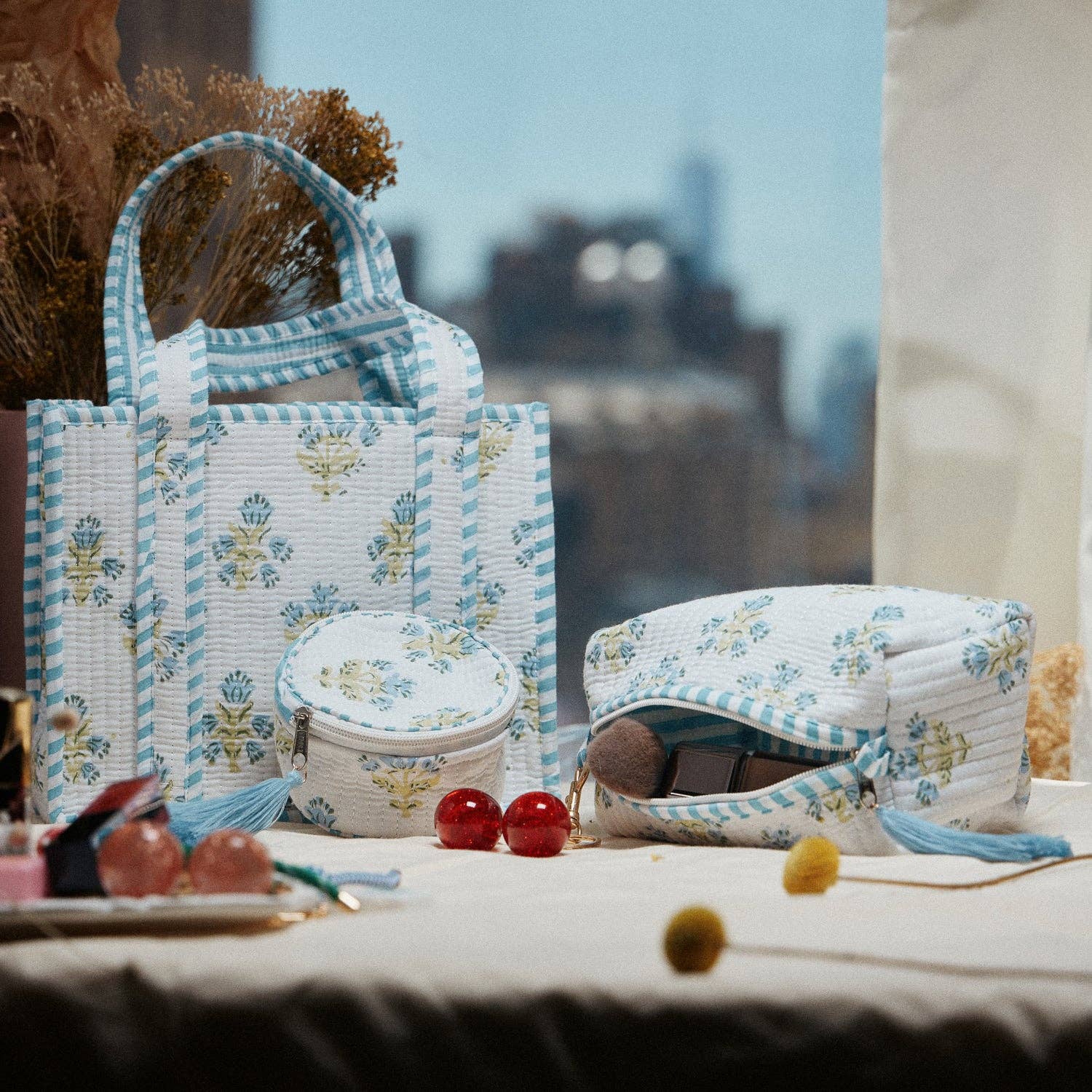 Light Blue Quilted Floral Cosmetic Pouch