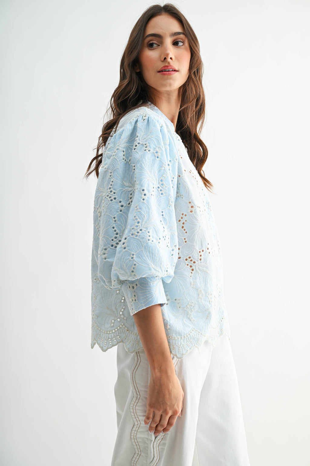 Embroidered Cotton Eyelet Puff Sleeve Blouse