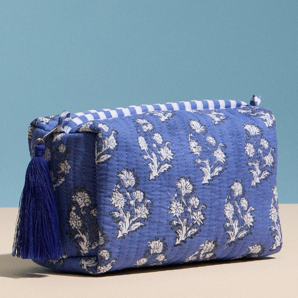 Blue Quilted Floral Cosmetic Pouch