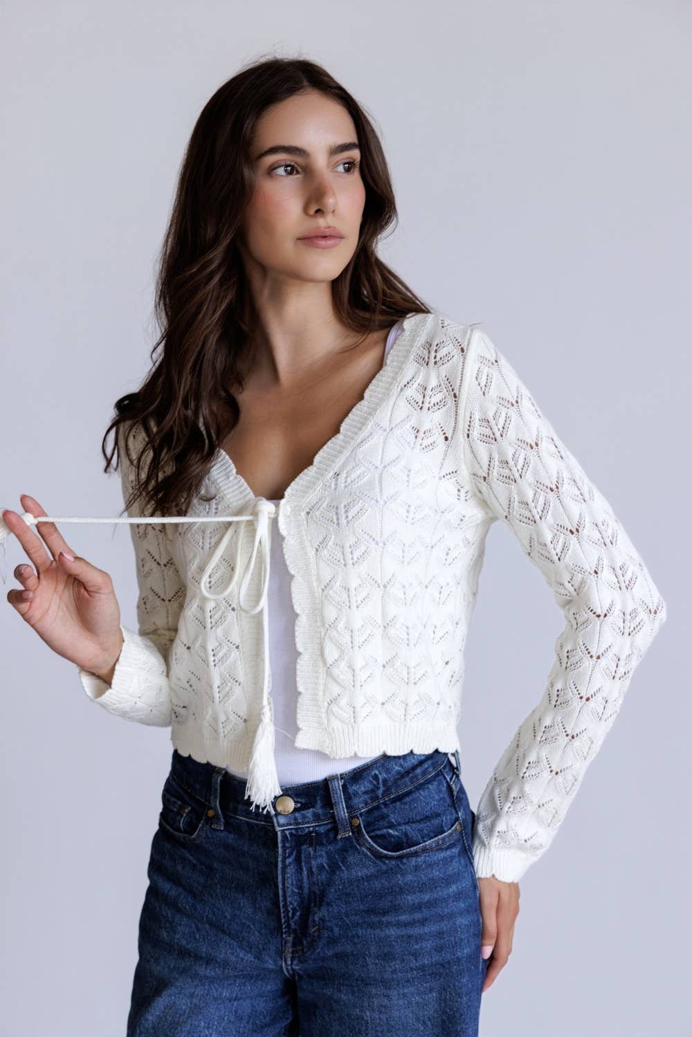 Open Knit Tassel Tie Knit Cardigan