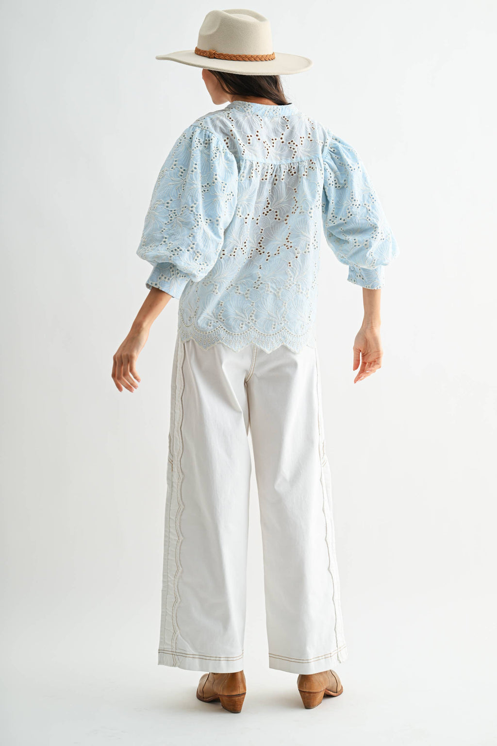 Embroidered Cotton Eyelet Puff Sleeve Blouse