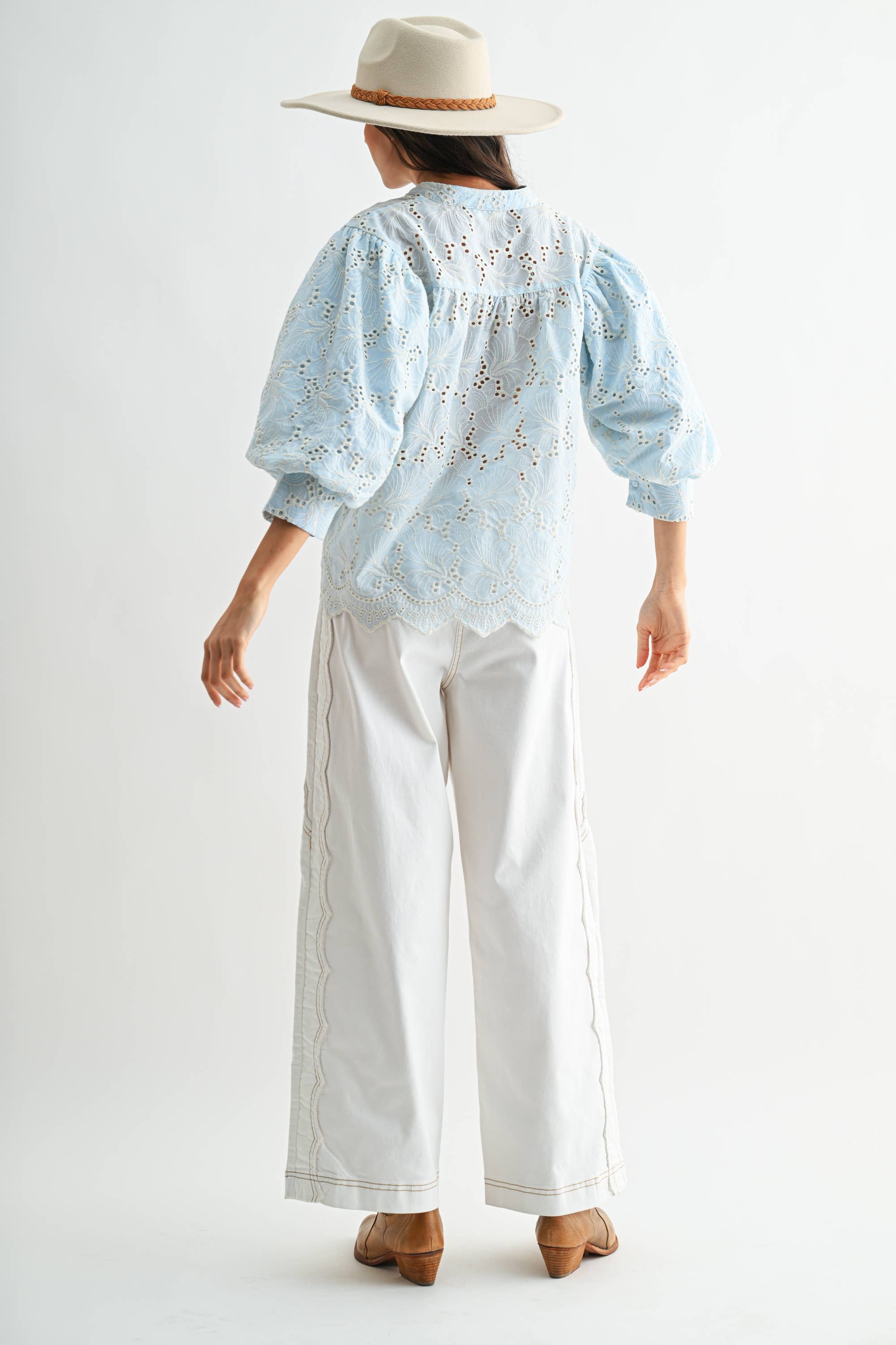 Embroidered Cotton Eyelet Puff Sleeve Blouse