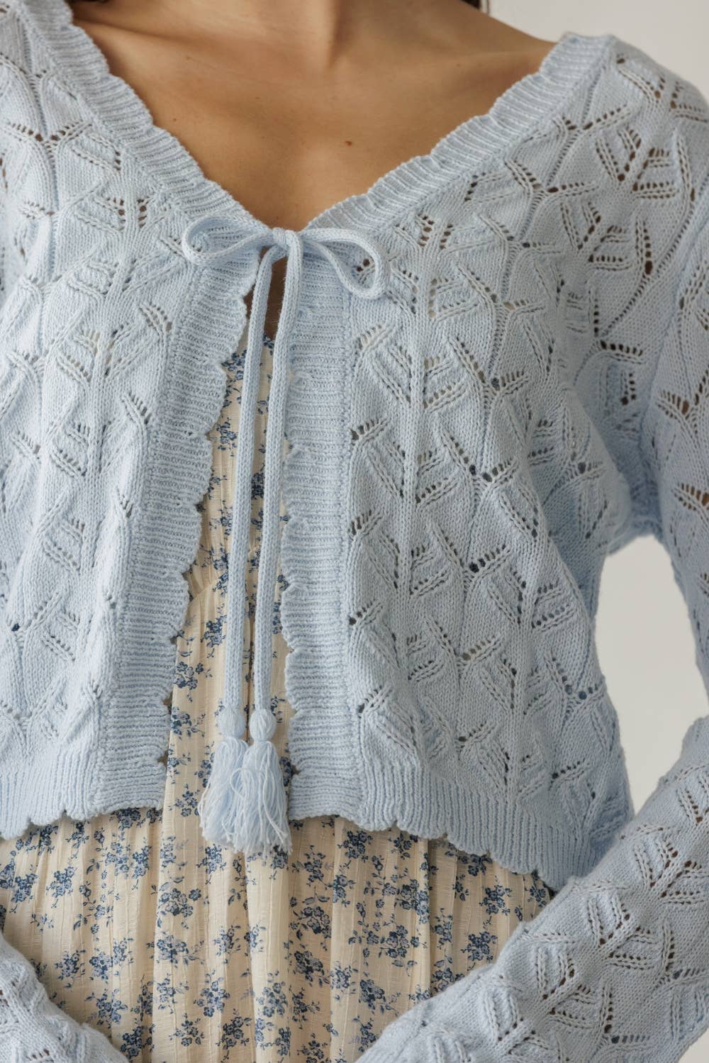 Open Knit Tassel Tie Knit Cardigan