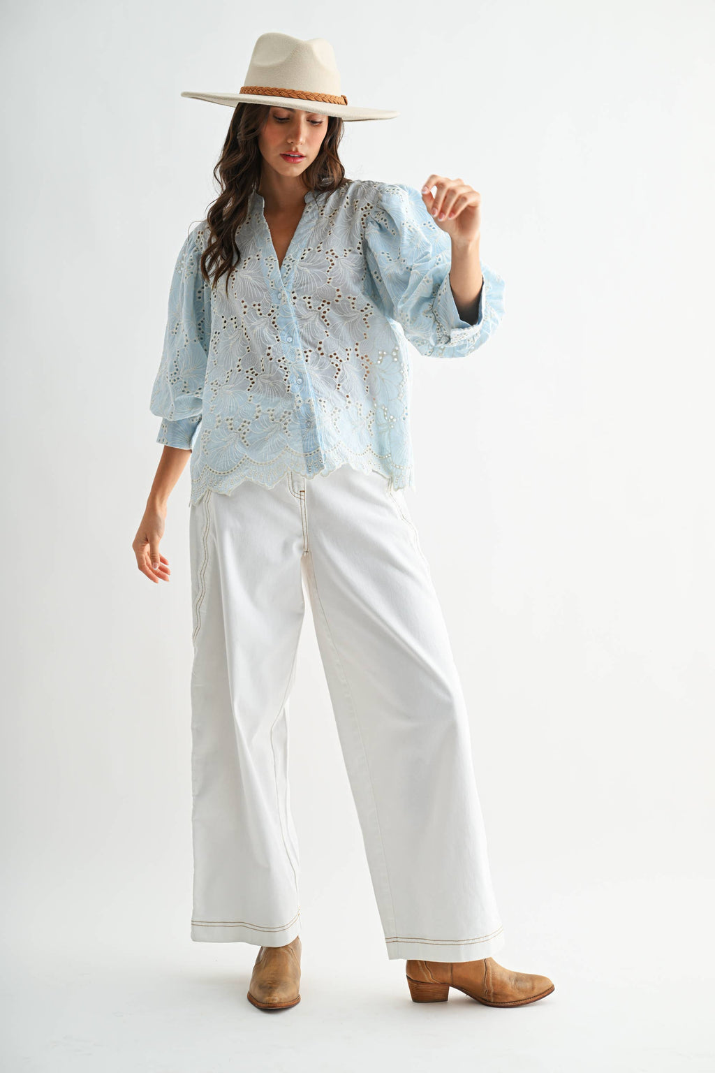 Embroidered Cotton Eyelet Puff Sleeve Blouse
