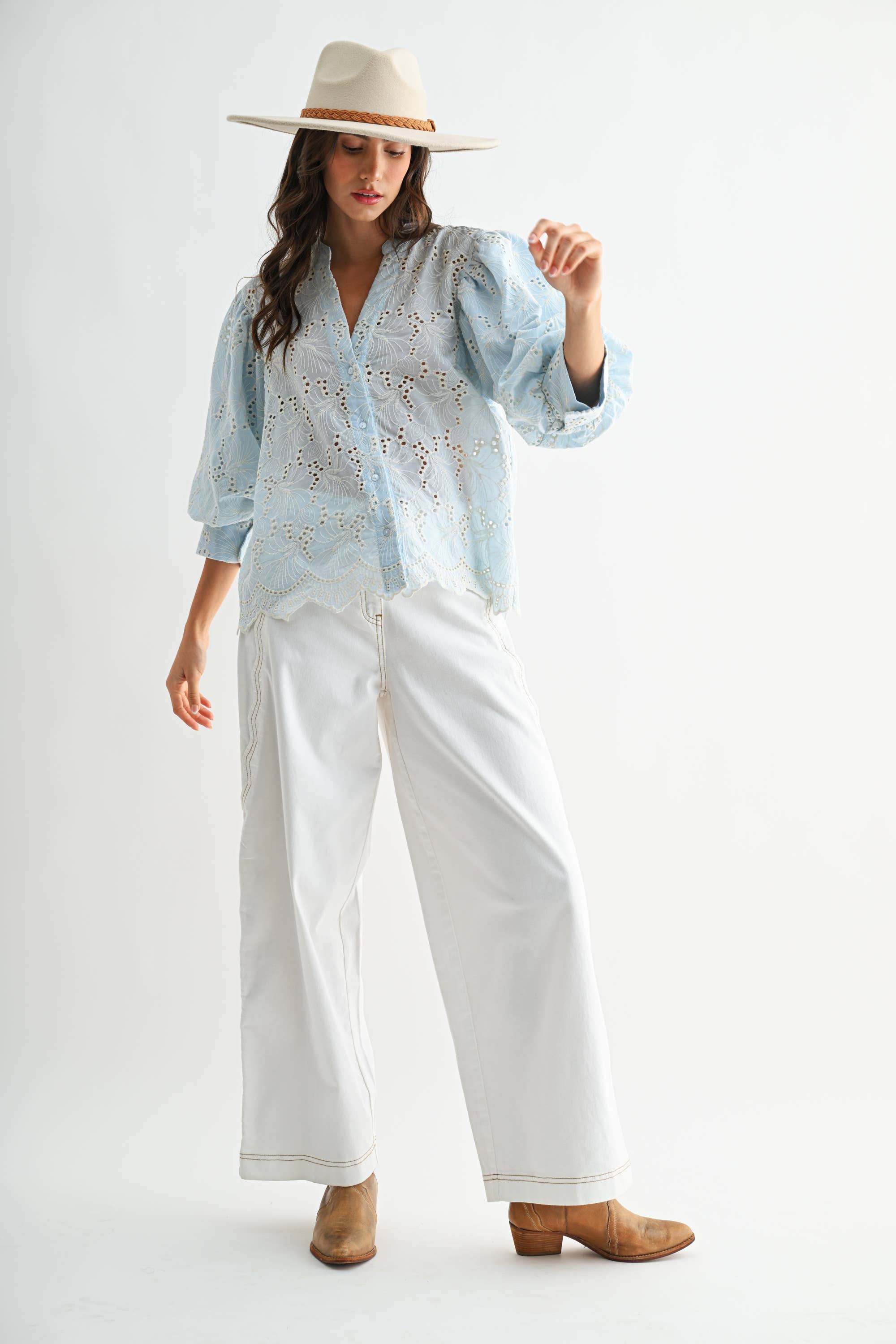 Embroidered Cotton Eyelet Puff Sleeve Blouse