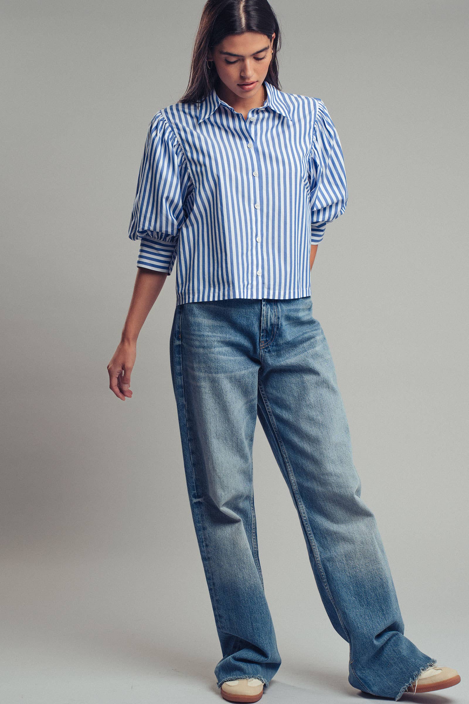 Drop Waist Blouse in Blue and Navy