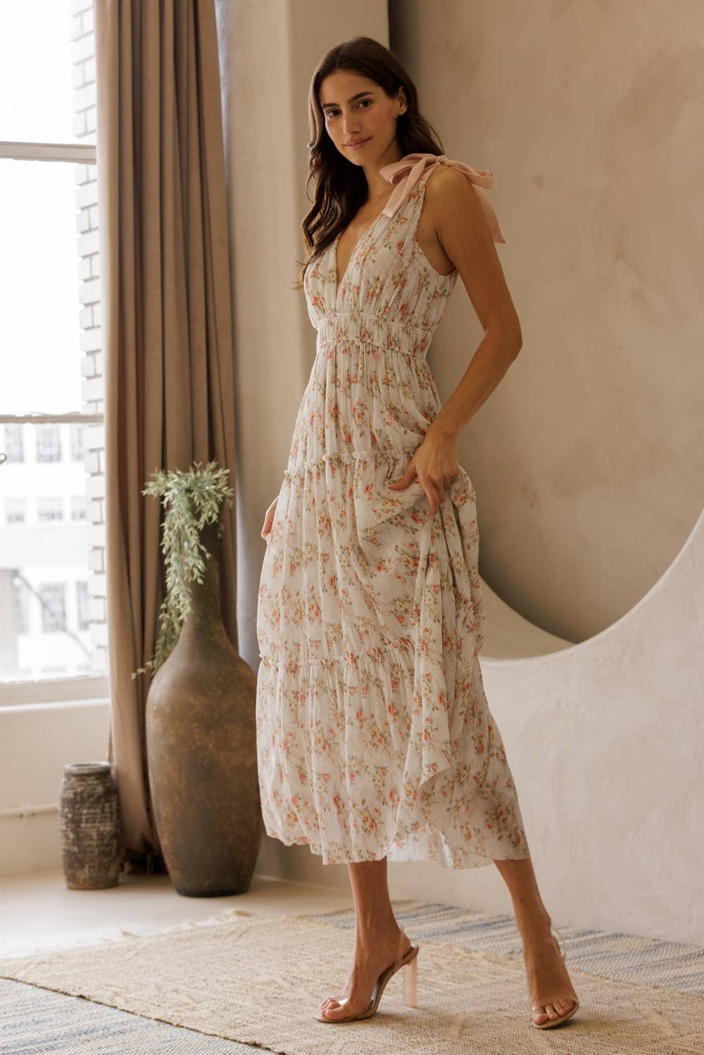Floral Shoulder Tie Strap Midi Dress
