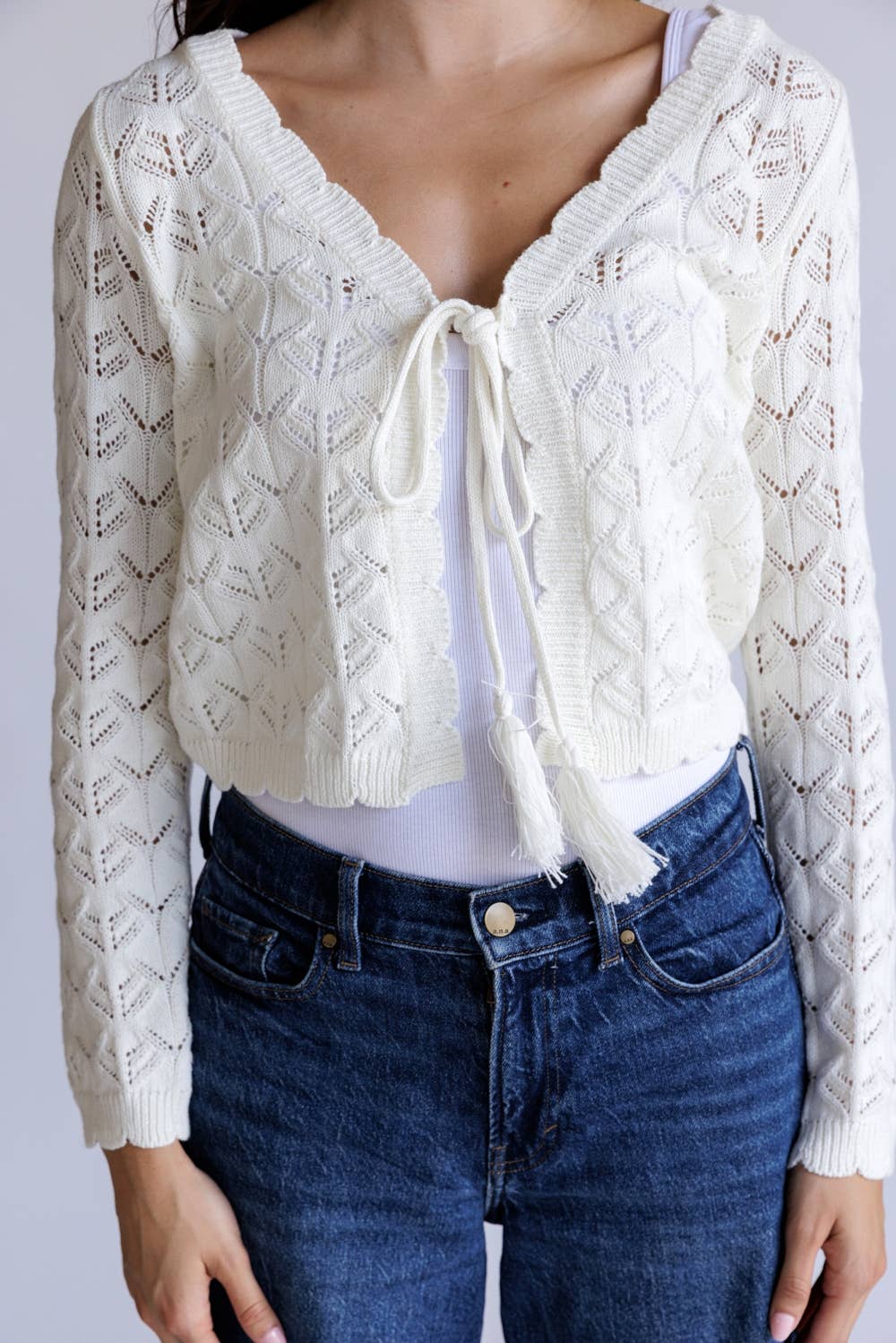 Open Knit Tassel Tie Knit Cardigan