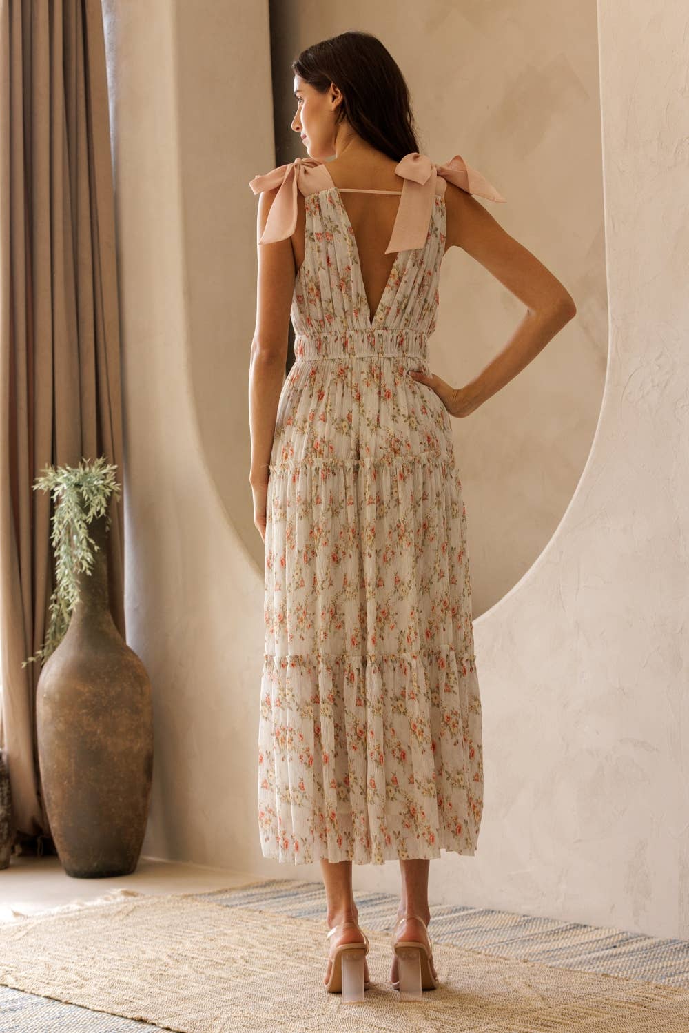 Floral Shoulder Tie Strap Midi Dress