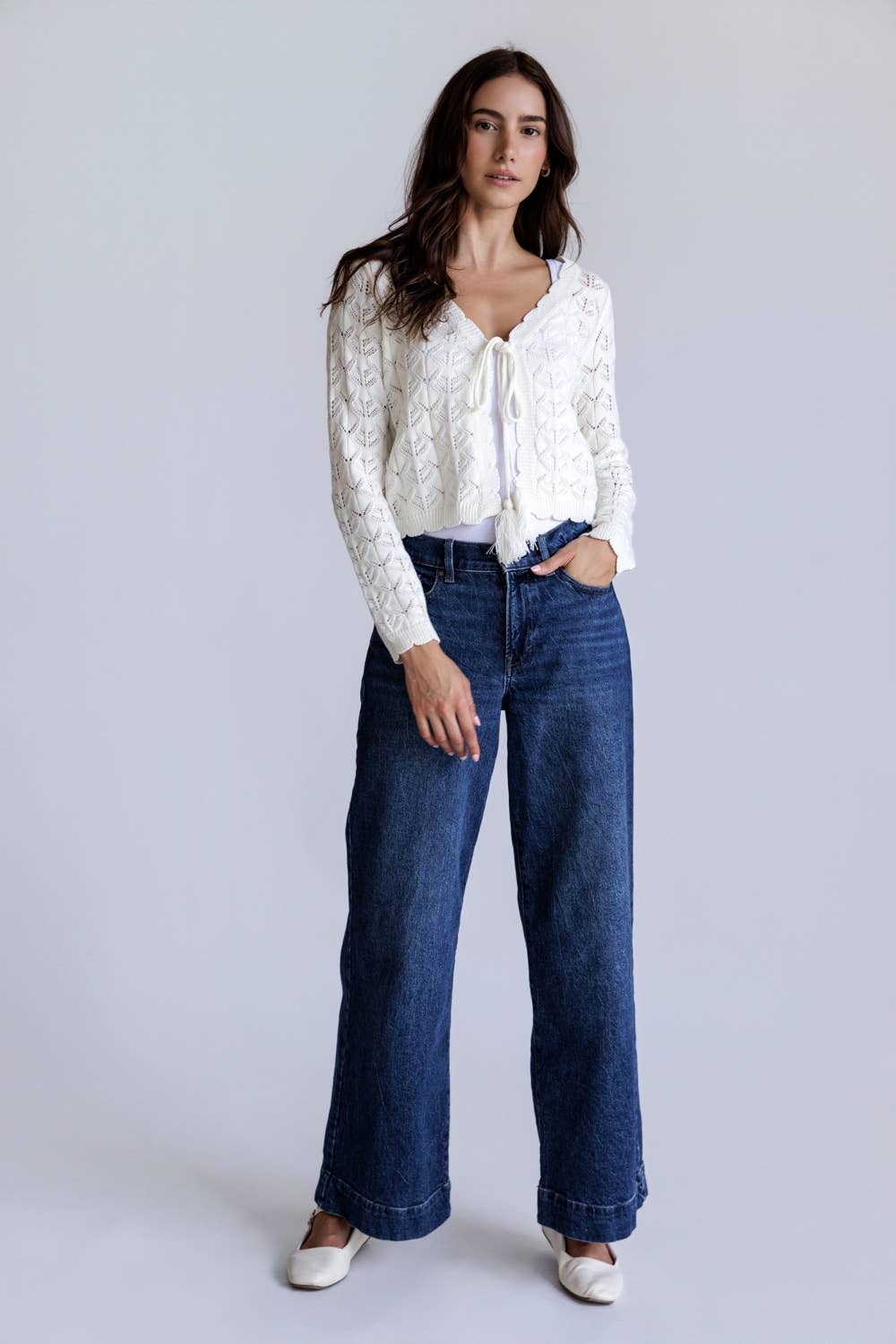 Open Knit Tassel Tie Knit Cardigan