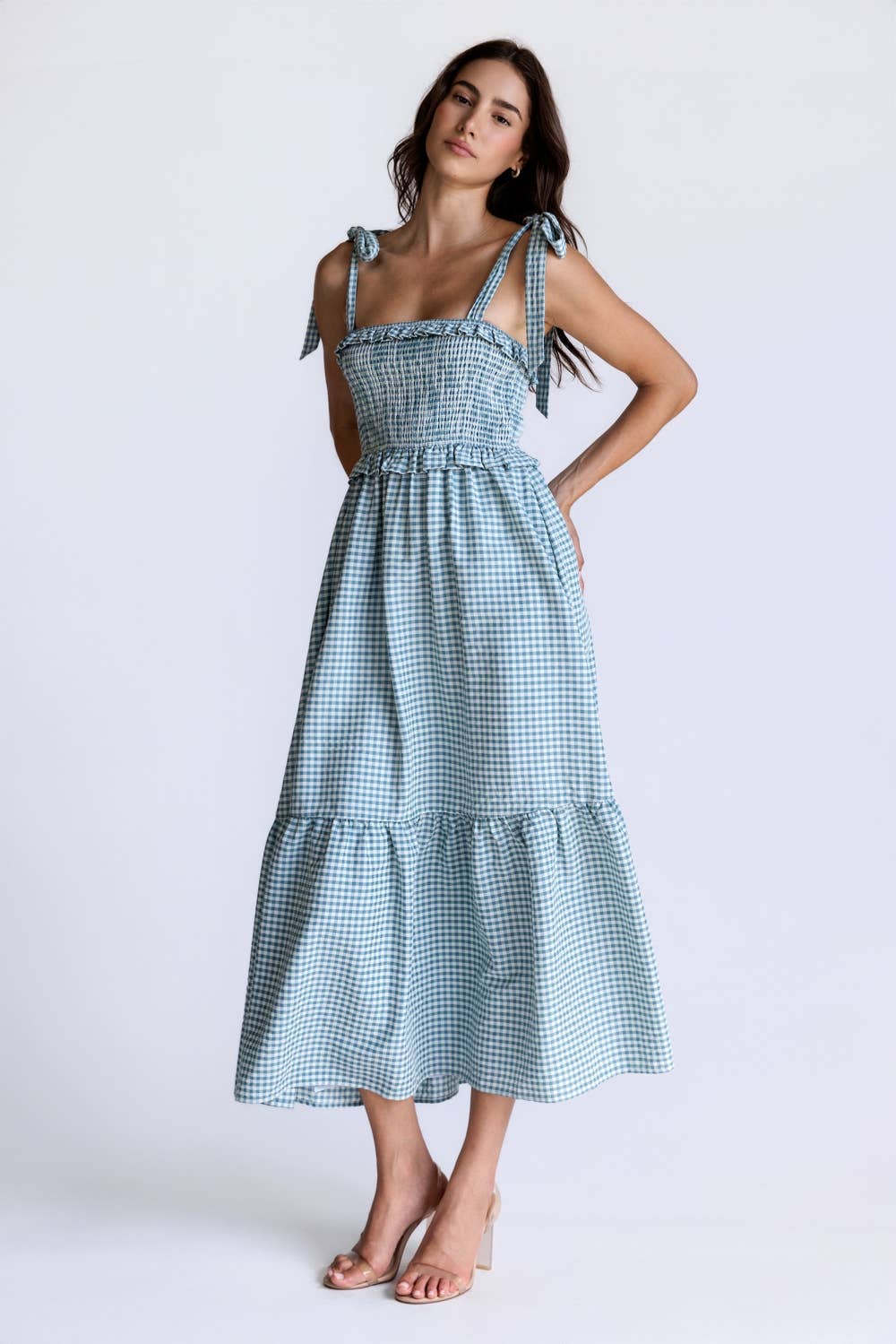 Smocked Gingham Midi Dress