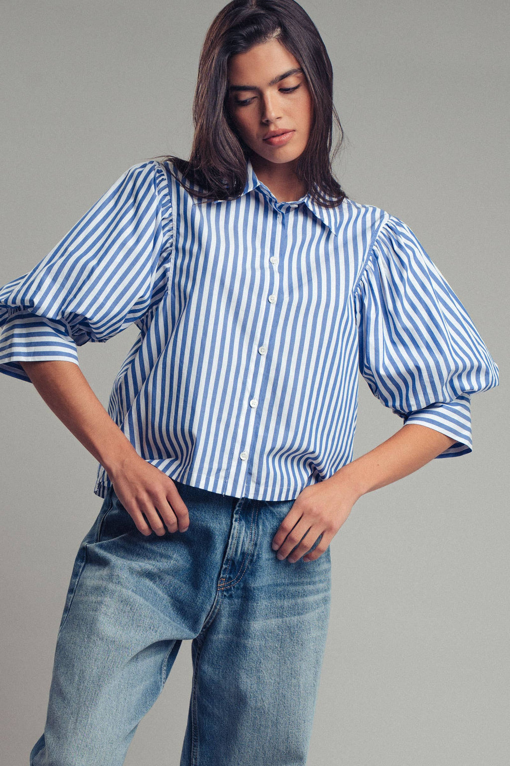 Drop Waist Blouse in Blue and Navy