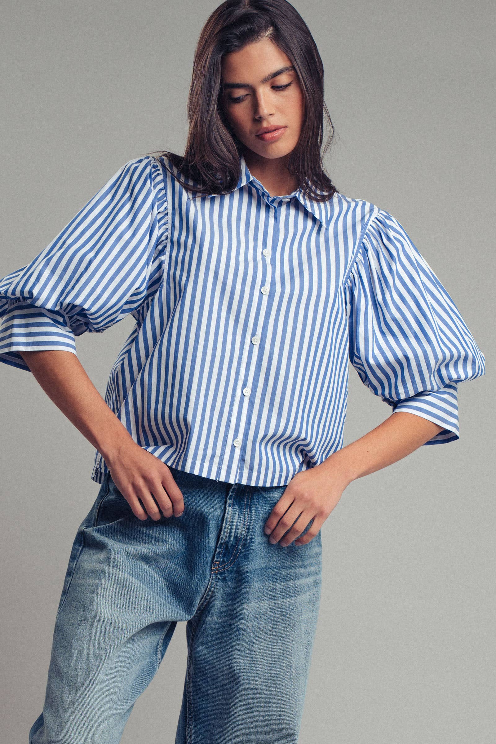 Drop Waist Blouse in Blue and Navy