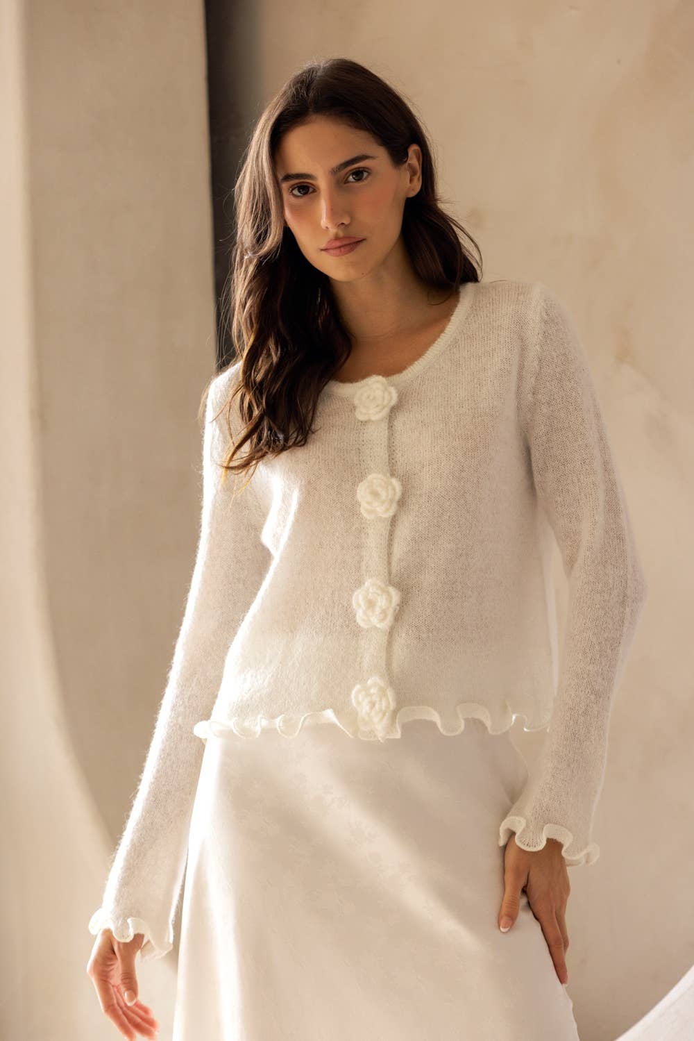 Floral Ruffle Trim Knit Cardigan
