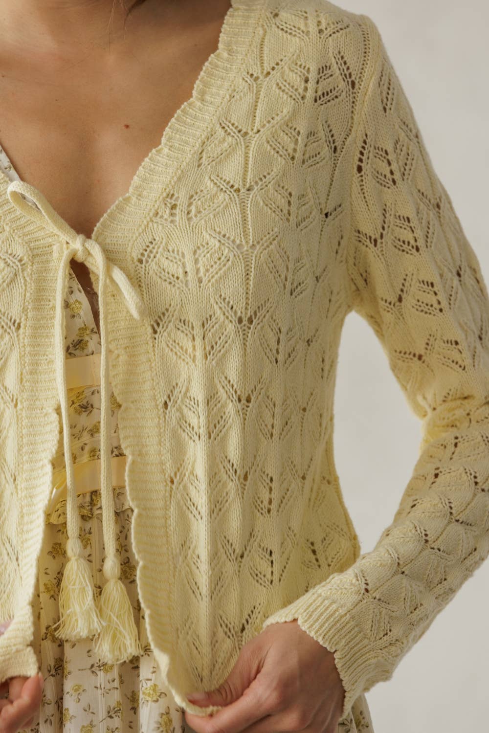 Open Knit Tassel Tie Knit Cardigan