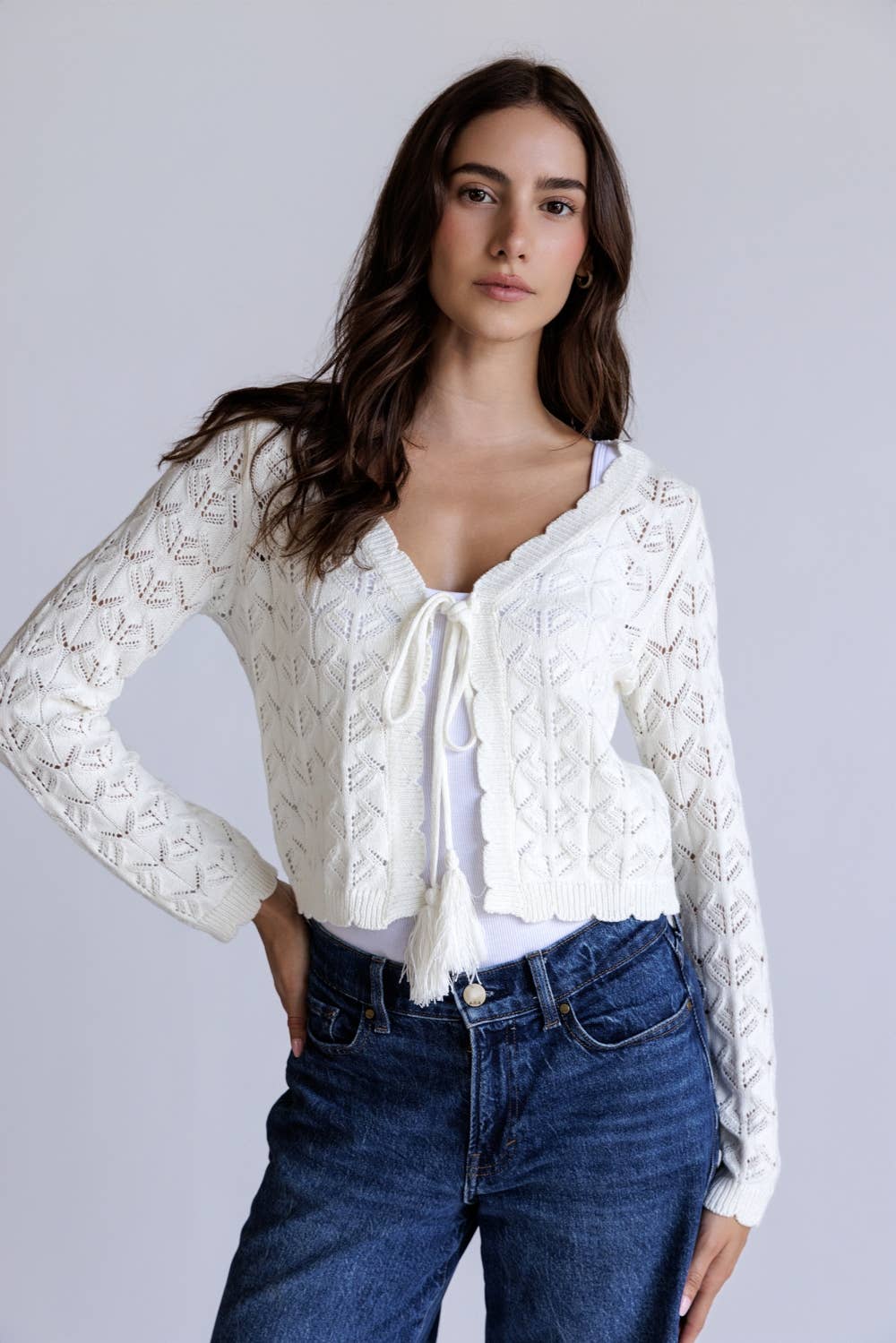 Open Knit Tassel Tie Knit Cardigan