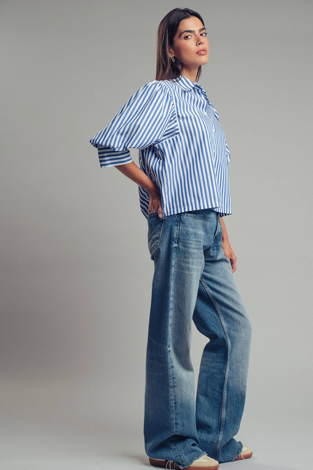 Drop Waist Blouse in Blue and Navy