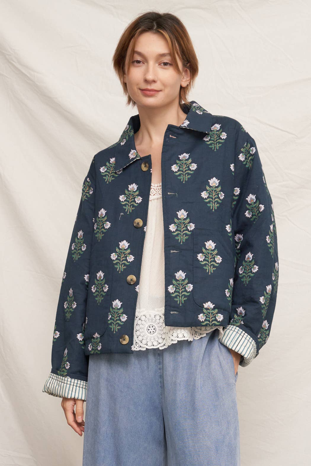 Reversible Quilted Flower Striped Jacket