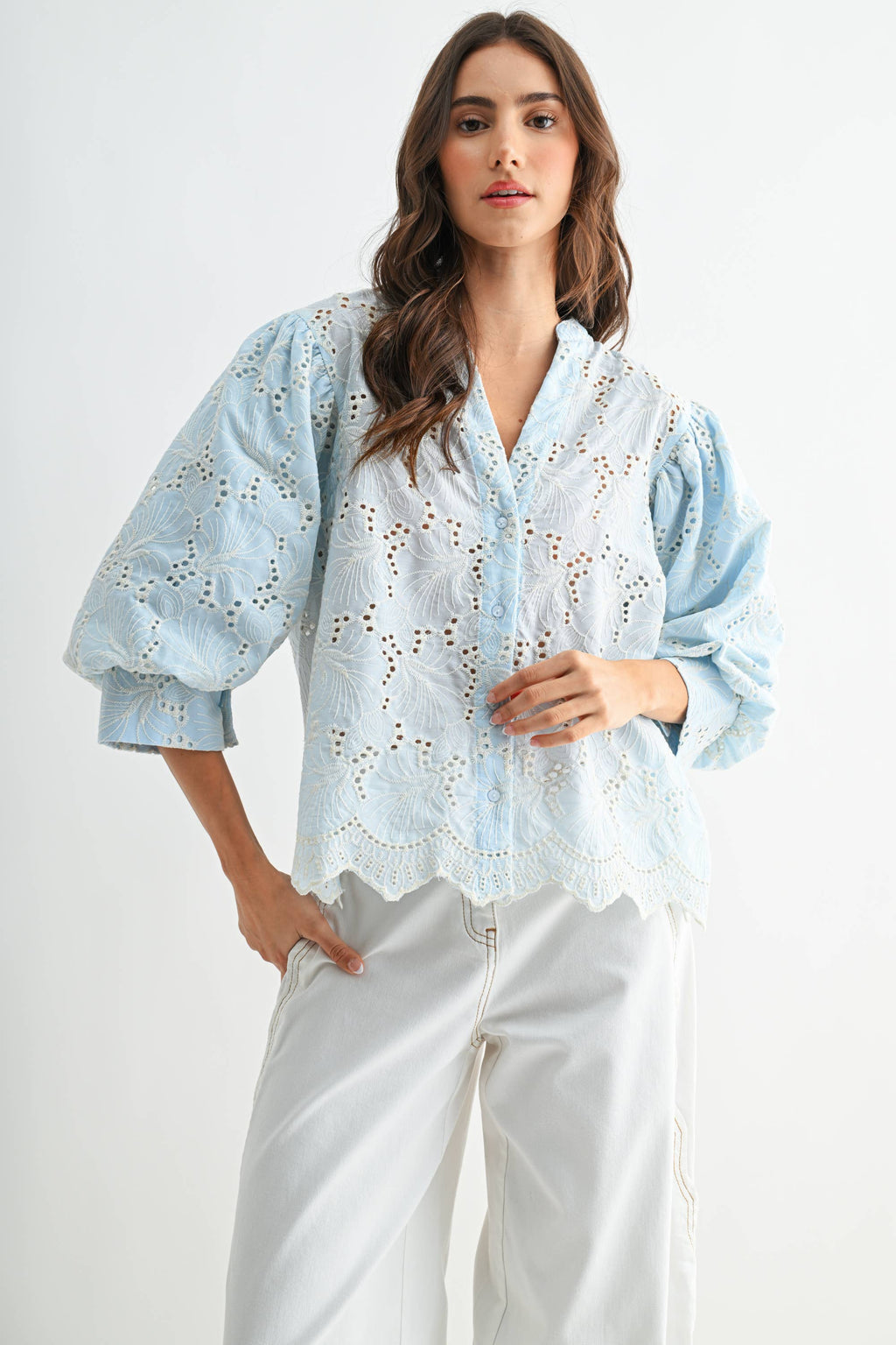 Embroidered Cotton Eyelet Puff Sleeve Blouse