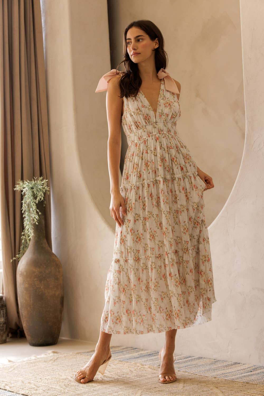 Floral Shoulder Tie Strap Midi Dress