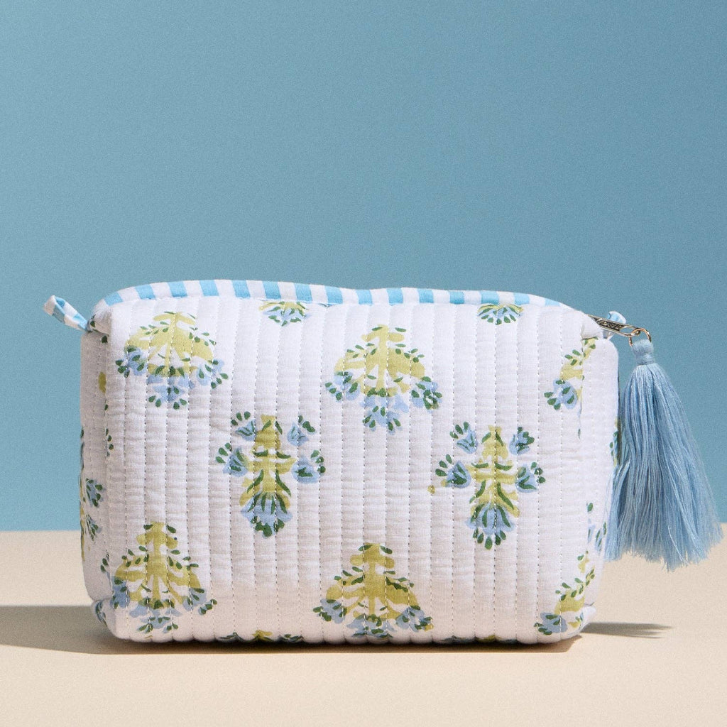 Light Blue Quilted Floral Cosmetic Pouch