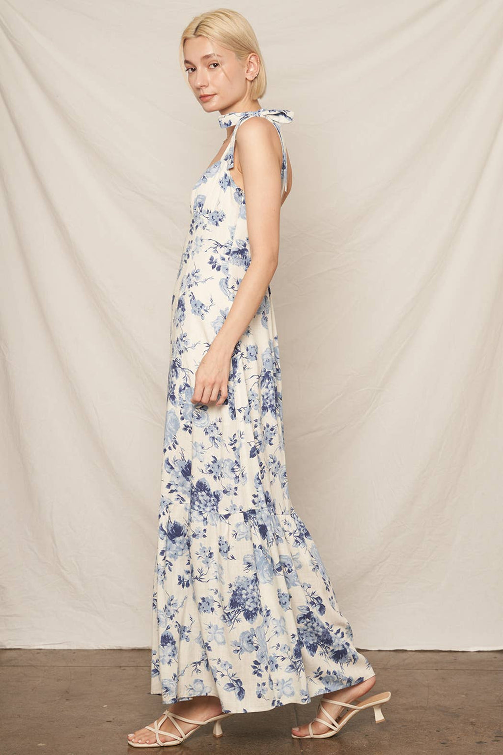 Sleeveless Shoulder Tie Floral Print Maxi Dress