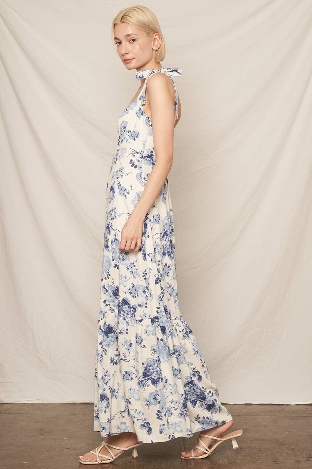 Sleeveless Shoulder Tie Floral Print Maxi Dress