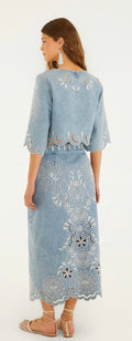 Denim Richelieu Wavy Hem Midi Skirt