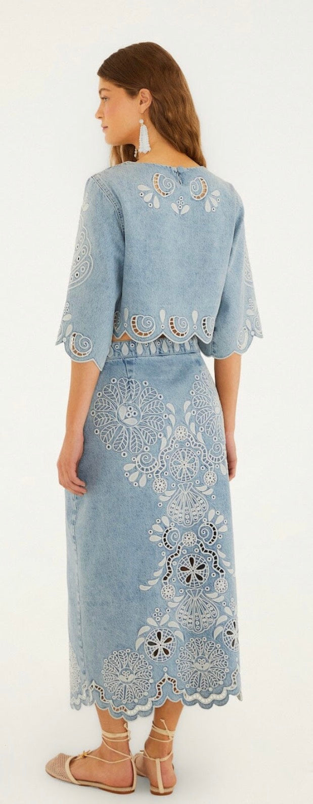 Denim Richelieu Wavy Hem Midi Skirt