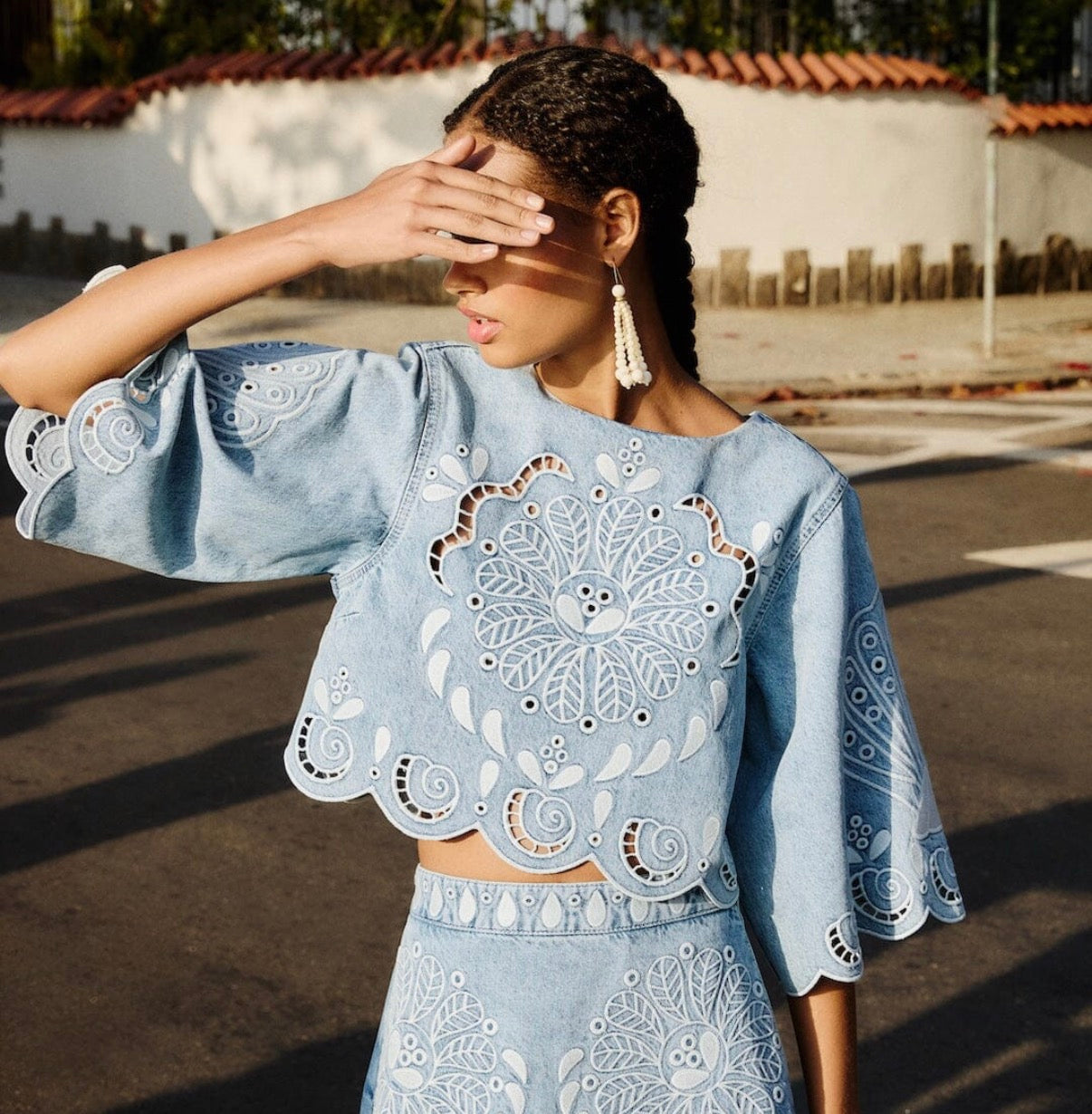 Denim Richelieu Kimono Sleeves Cropped Blouse