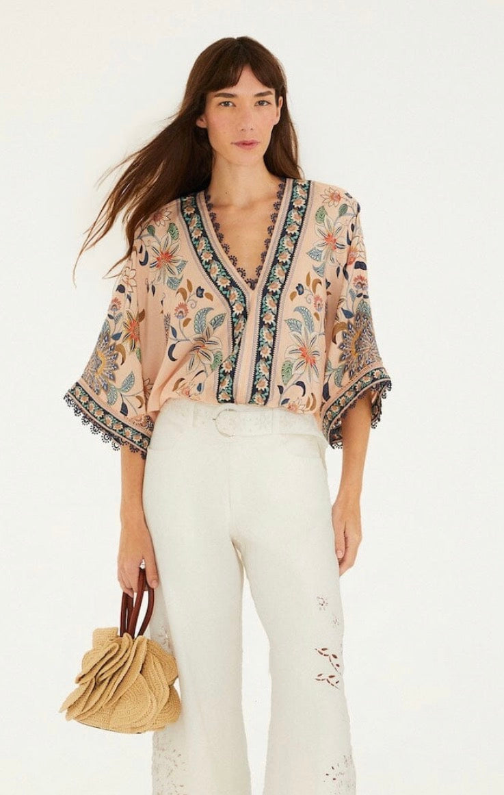 Soft Pink Floral Delhi Tapestry Kimono Sleeve Bodysuit